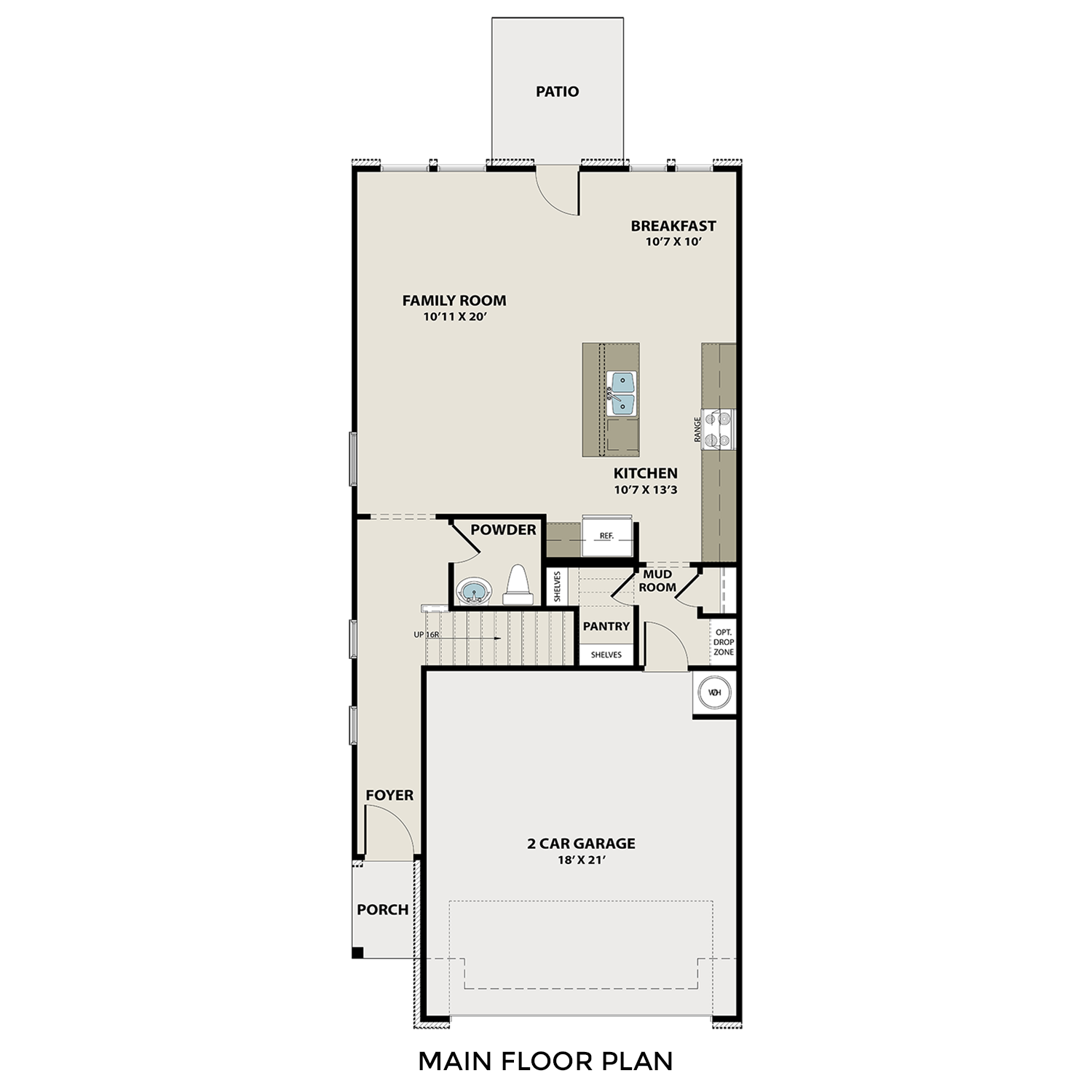 Main floor plan of The Wake C by Davidson Homes: open kitchen, family room, breakfast area, 2-car garage in Lake Park Villas, Wylie, Texas
