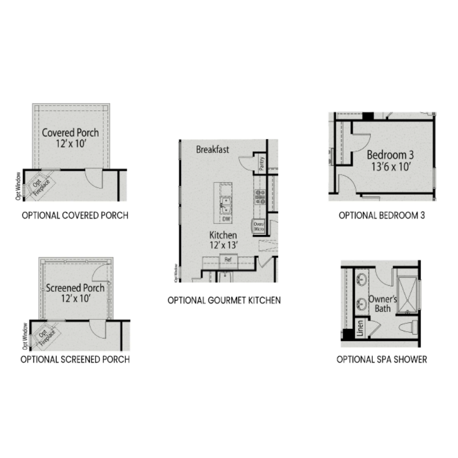 The Carter A floor plan: 1-story 2-3 bedroom layout with optional gourmet kitchen, covered porch, screened porch, and owner's suite