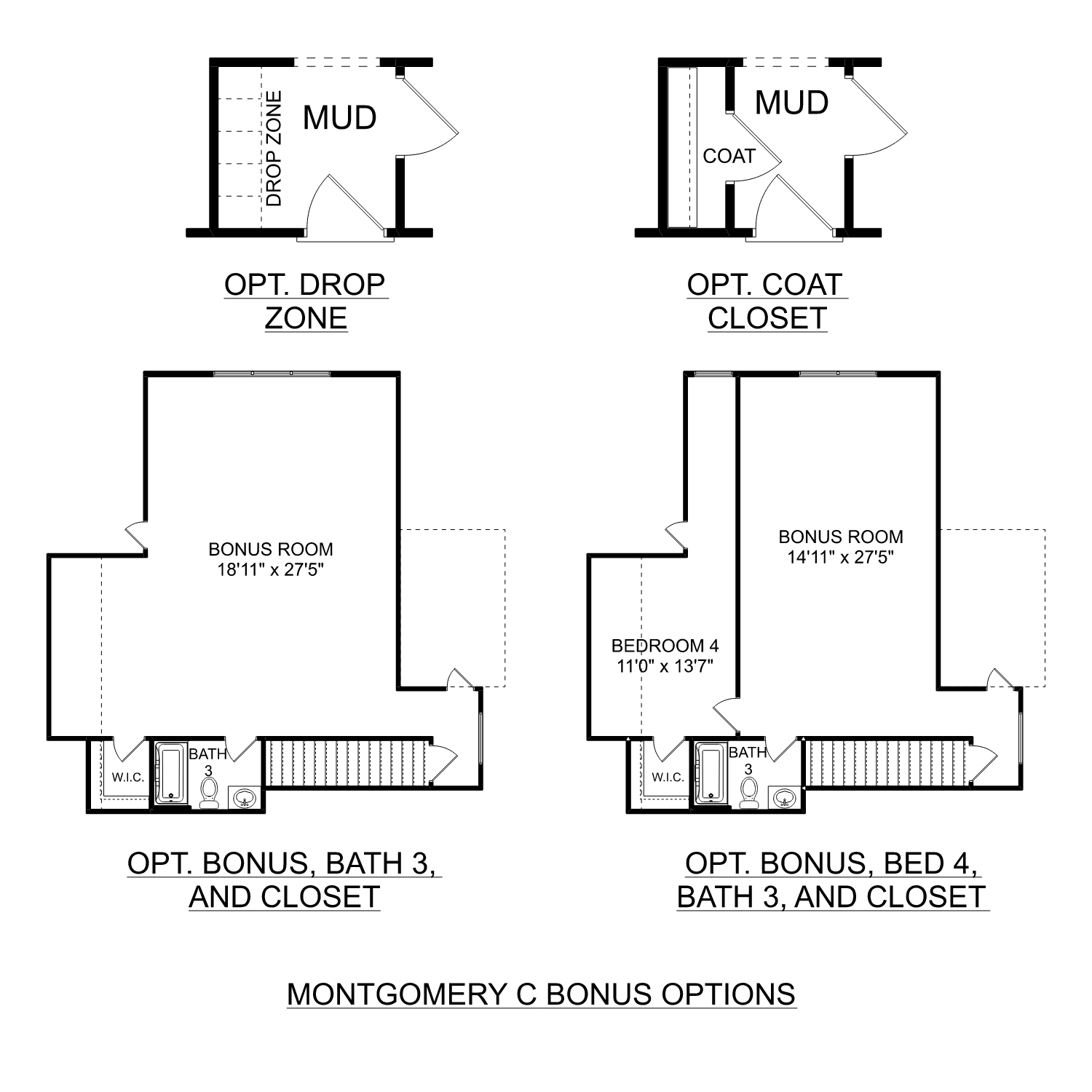 The Montgomery C bonus room floor plan with optional bedroom 4, bath 3, closets, mudroom, and drop zone