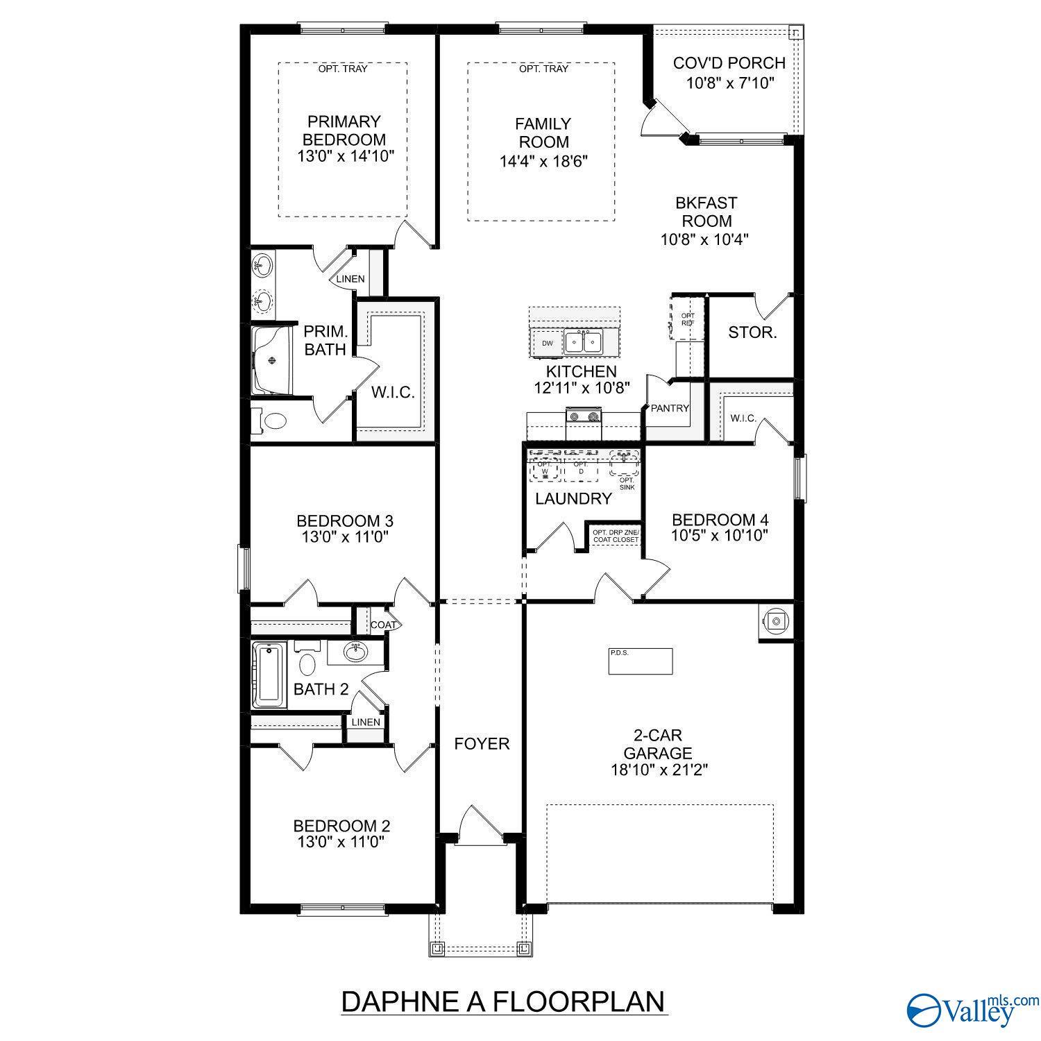 Daphne A floor plan: 4-bedroom, 2-bath 1,895 sq ft 1-story home with open kitchen, family room, 2-car garage in Berry Cove, New Market, Alabama