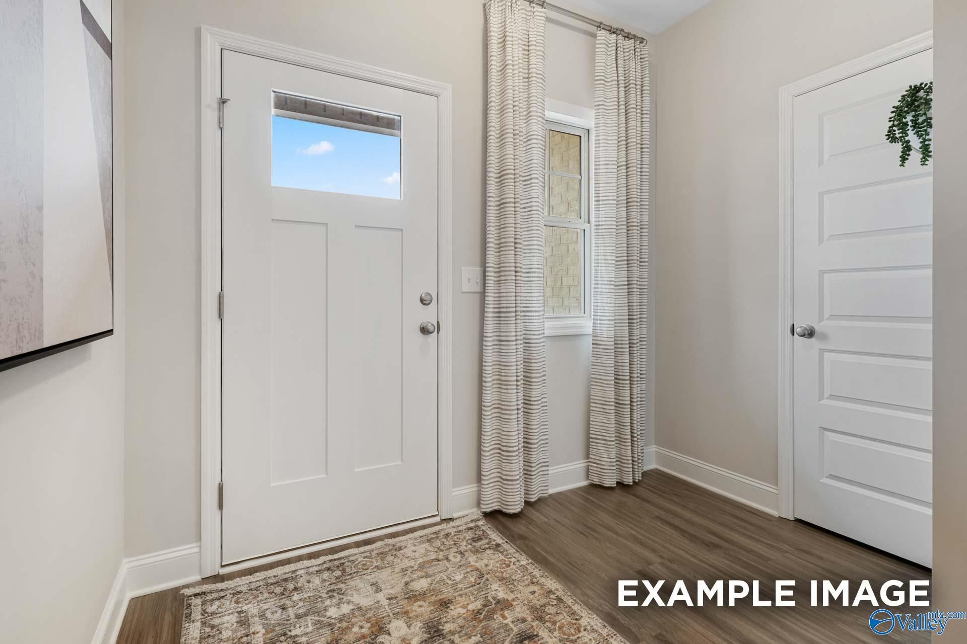 Bright foyer with white front door, wood-look flooring, and patterned curtains in Davidson Homes Camilla C plan, Hartselle, AL