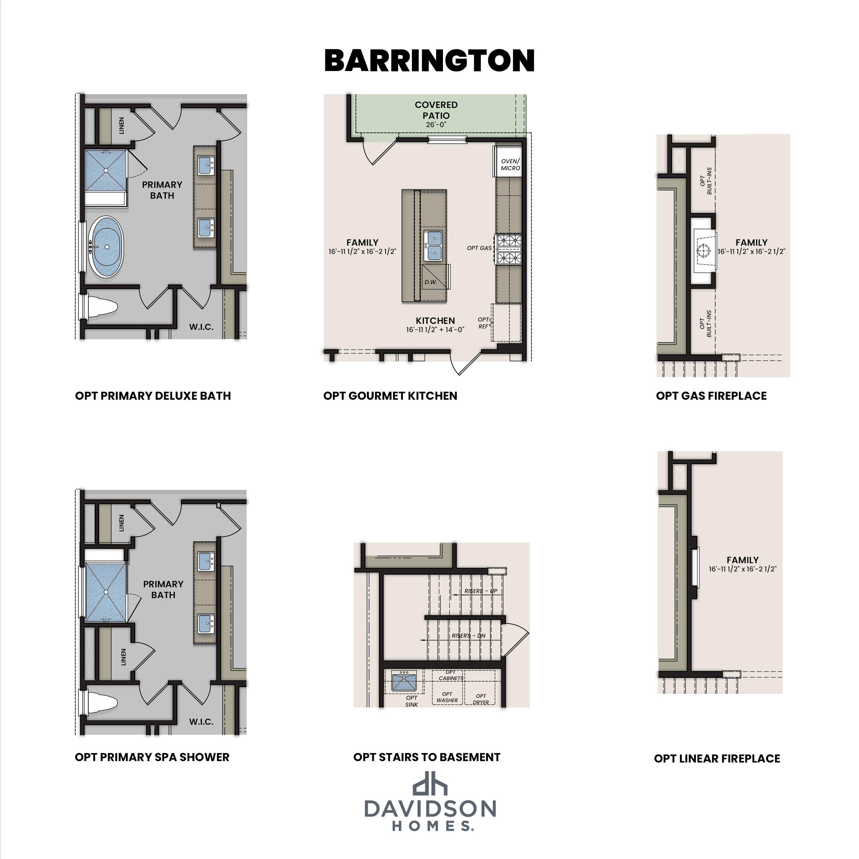 Barrington floor plan details by Davidson Homes: primary bath, optional gourmet kitchen, gas fireplace, and linear fireplace options