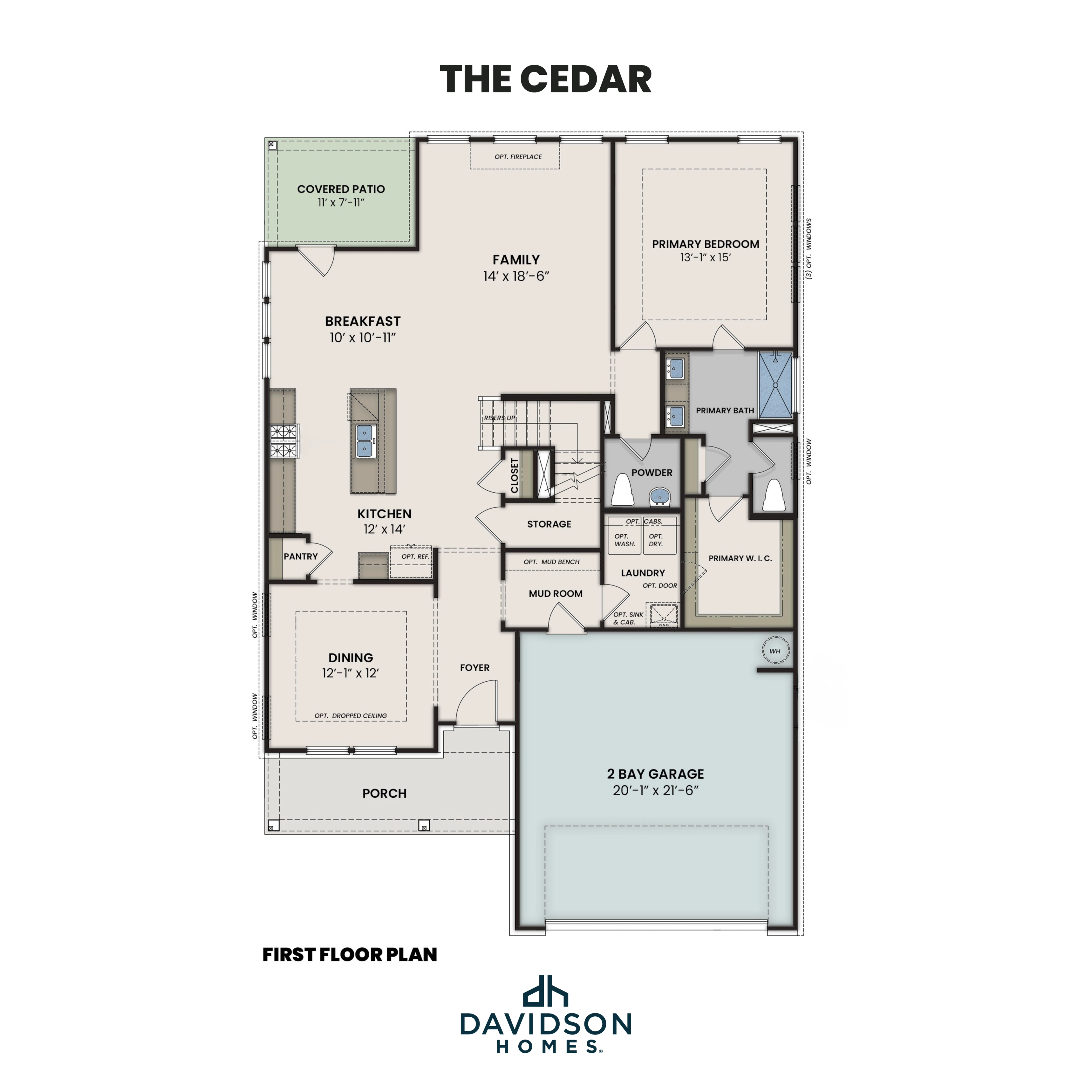 First floor plan of The Cedar showcasing open kitchen, primary suite, dining room, family area, and two-bay garage by Davidson Homes