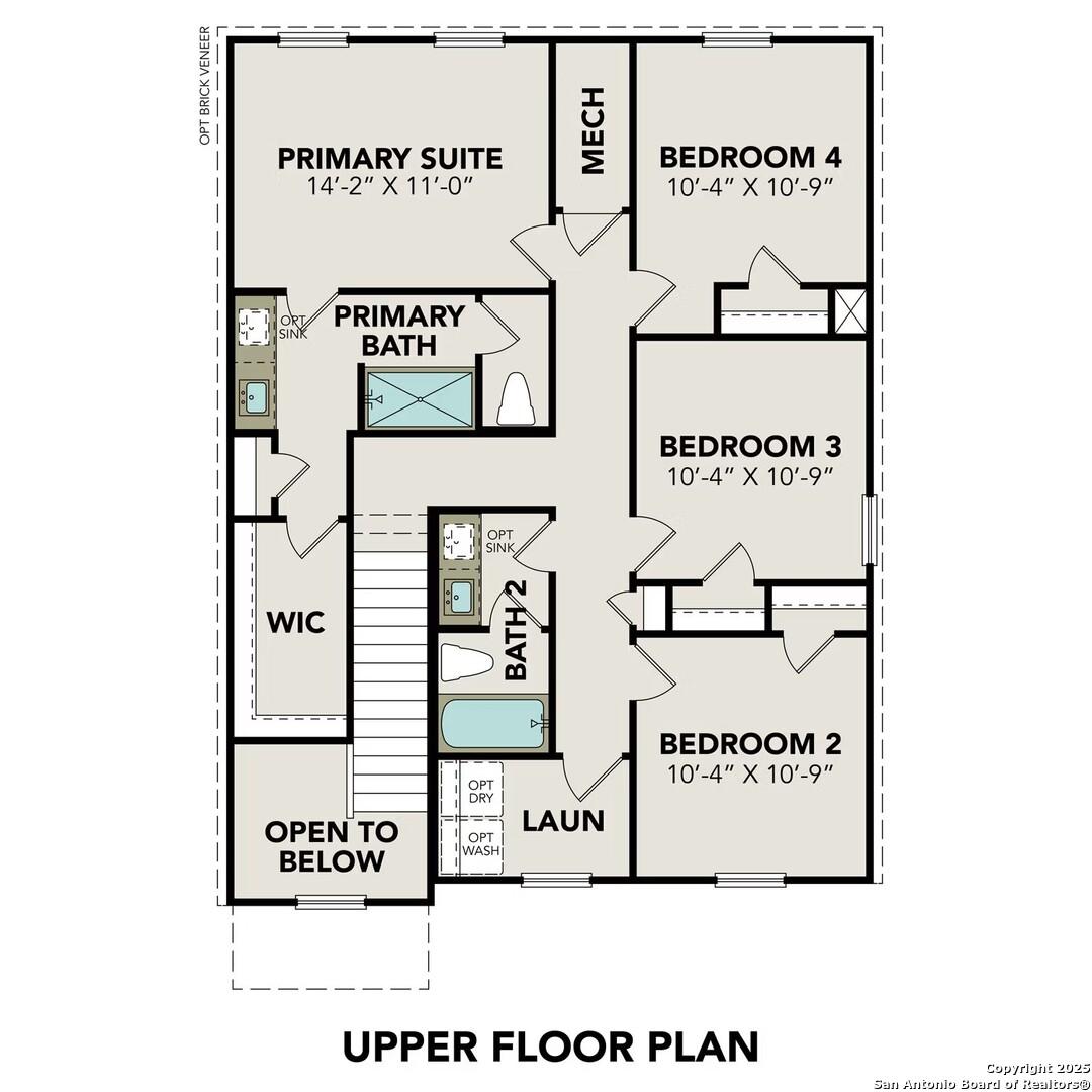Upper floor plan of The Trinity D 4-bedroom home by Davidson Homes in Agave, San Antonio, Texas, featuring primary suite and bedrooms