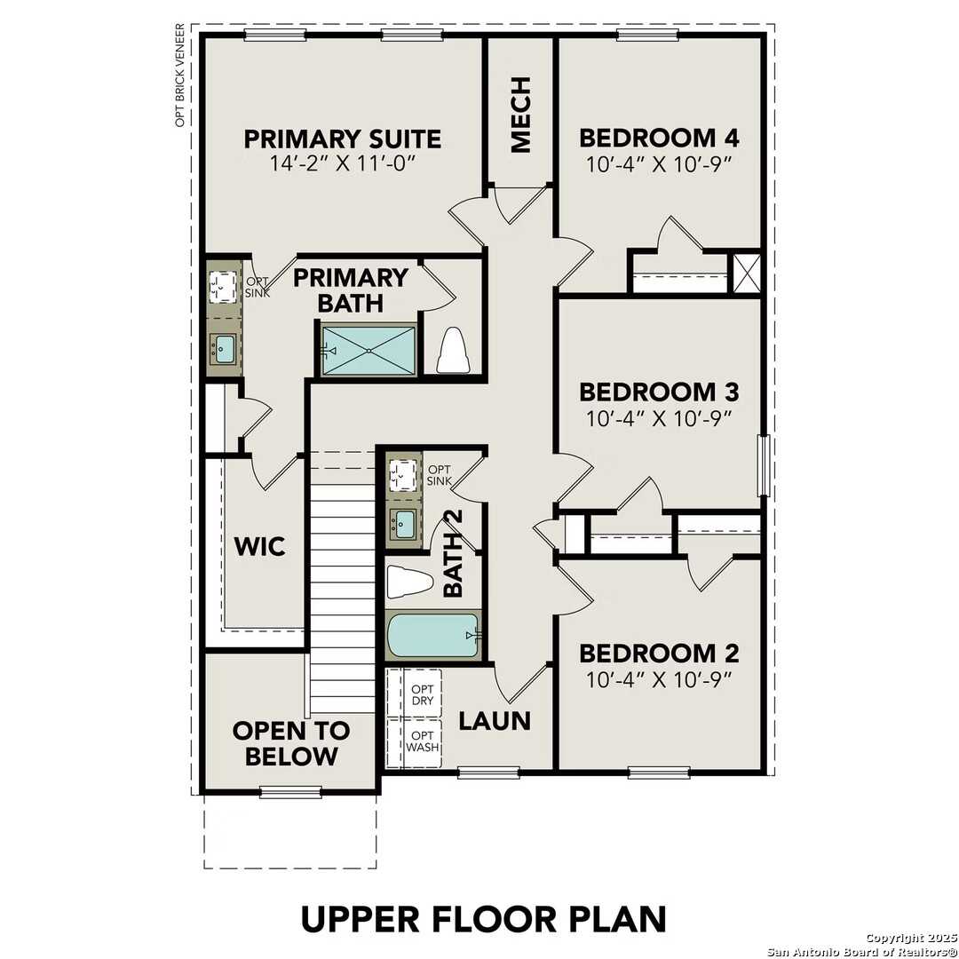 Upper floor plan of The Trinity D 4-bedroom home by Davidson Homes in Agave, San Antonio, Texas, featuring primary suite and bedrooms