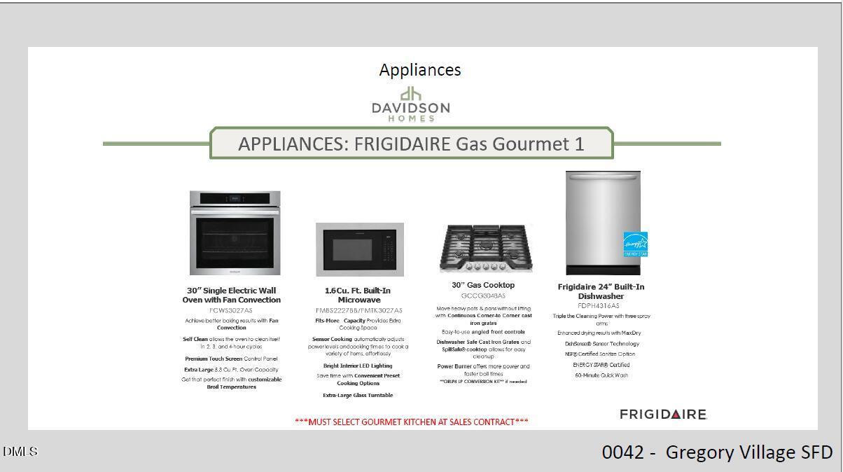 Frigidaire Gas Gourmet kitchen appliances: 30-inch range, wall oven, cooktop, microwave, dishwasher in Davidson Homes Adalynn A, Lillington, NC