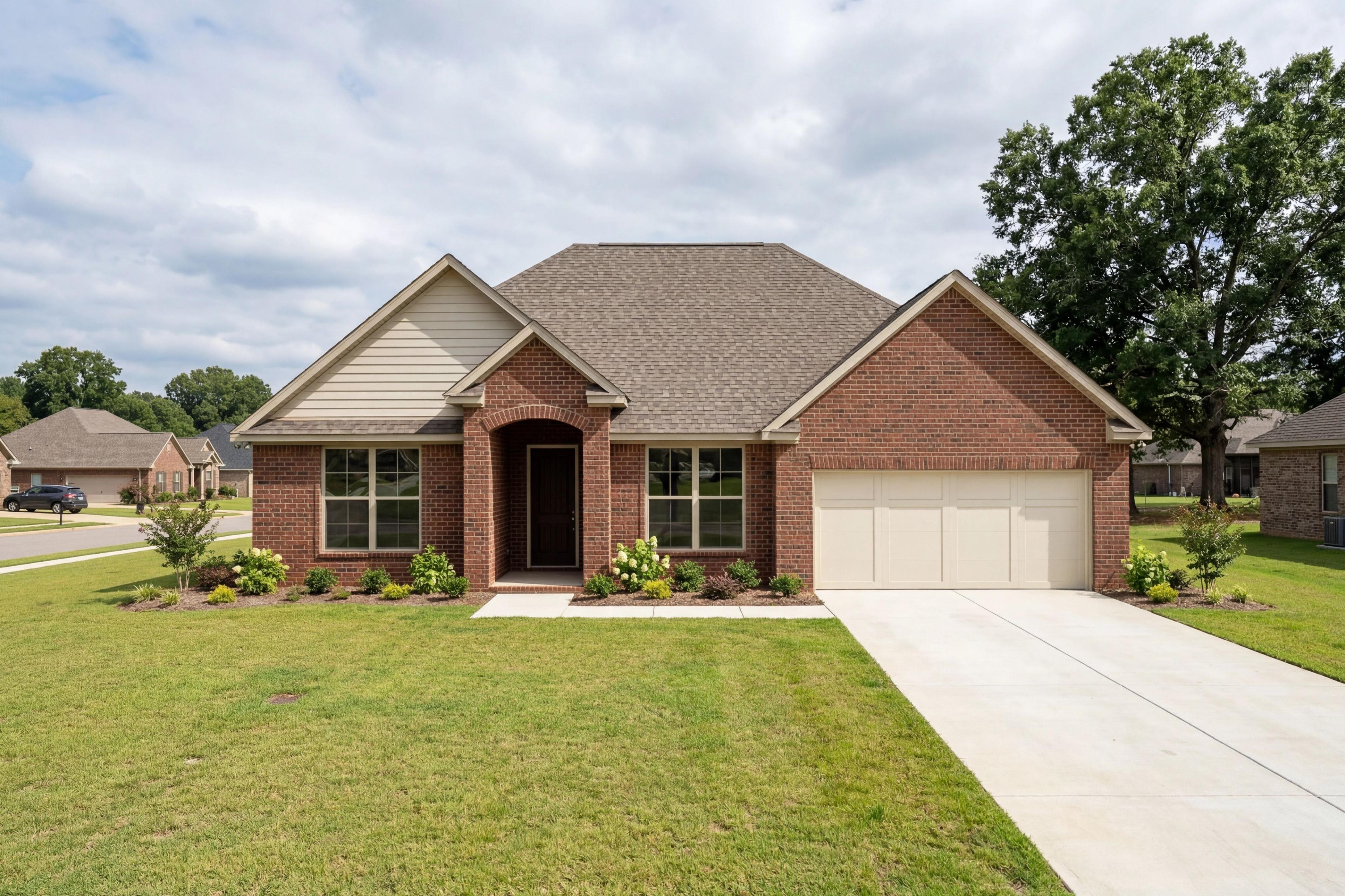 The Harrison B single-family home in Cullman, AL featuring a brick exterior, one-story design, and two-car garage.