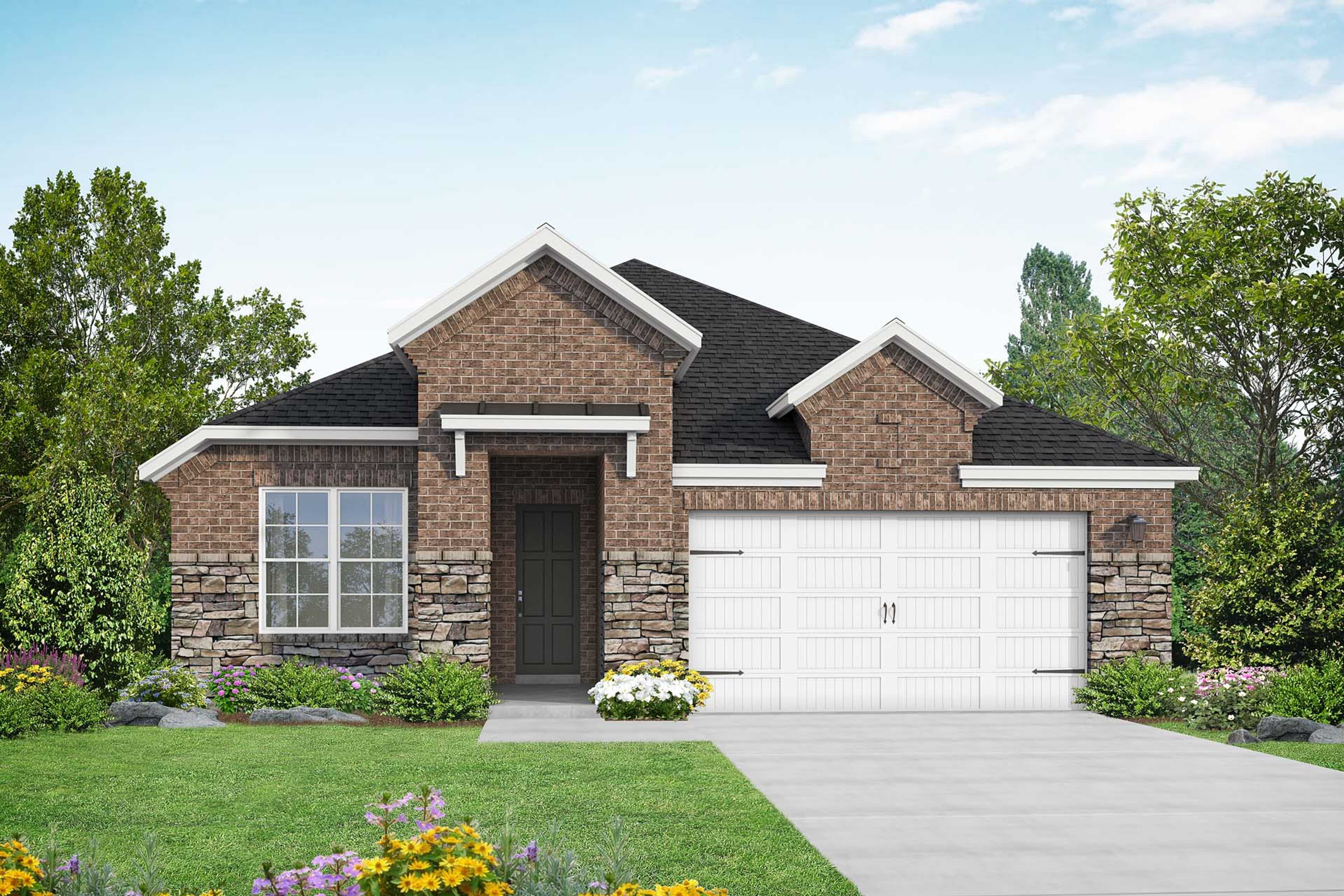 Modern brick and stone facade of The Acadia B single-story home with 2-car garage, gabled roof, and landscaped yard in Magnolia, Texas