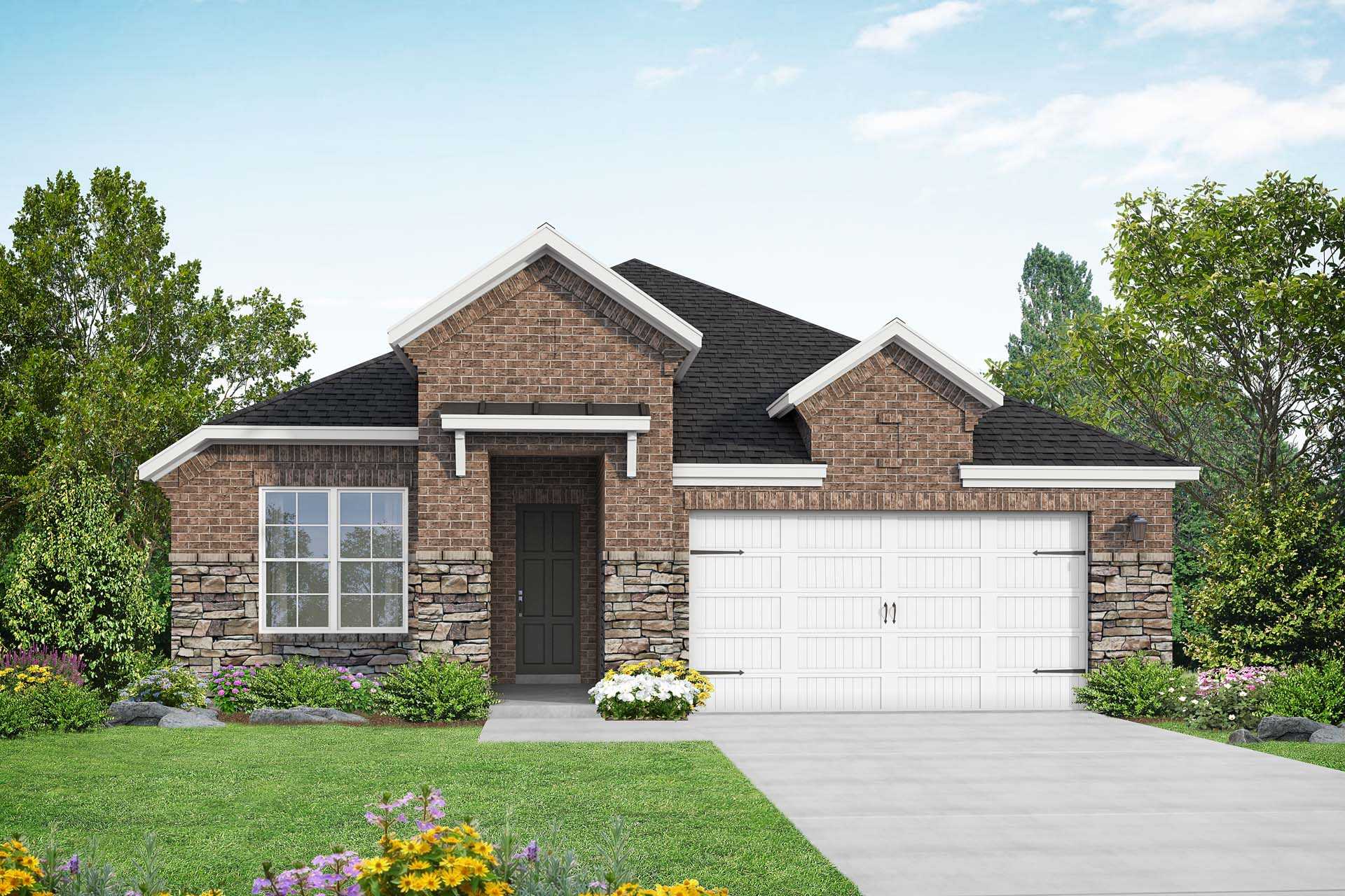 Modern brick and stone facade of The Acadia B single-story home with 2-car garage, gabled roof, and landscaped yard in Magnolia, Texas