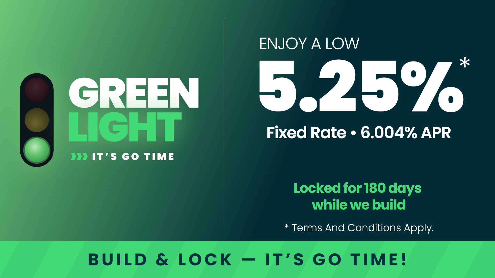 Green light graphic promoting 5.25% fixed rate (6.004% APR) rate lock for 180 days on new Dallas Region home construction