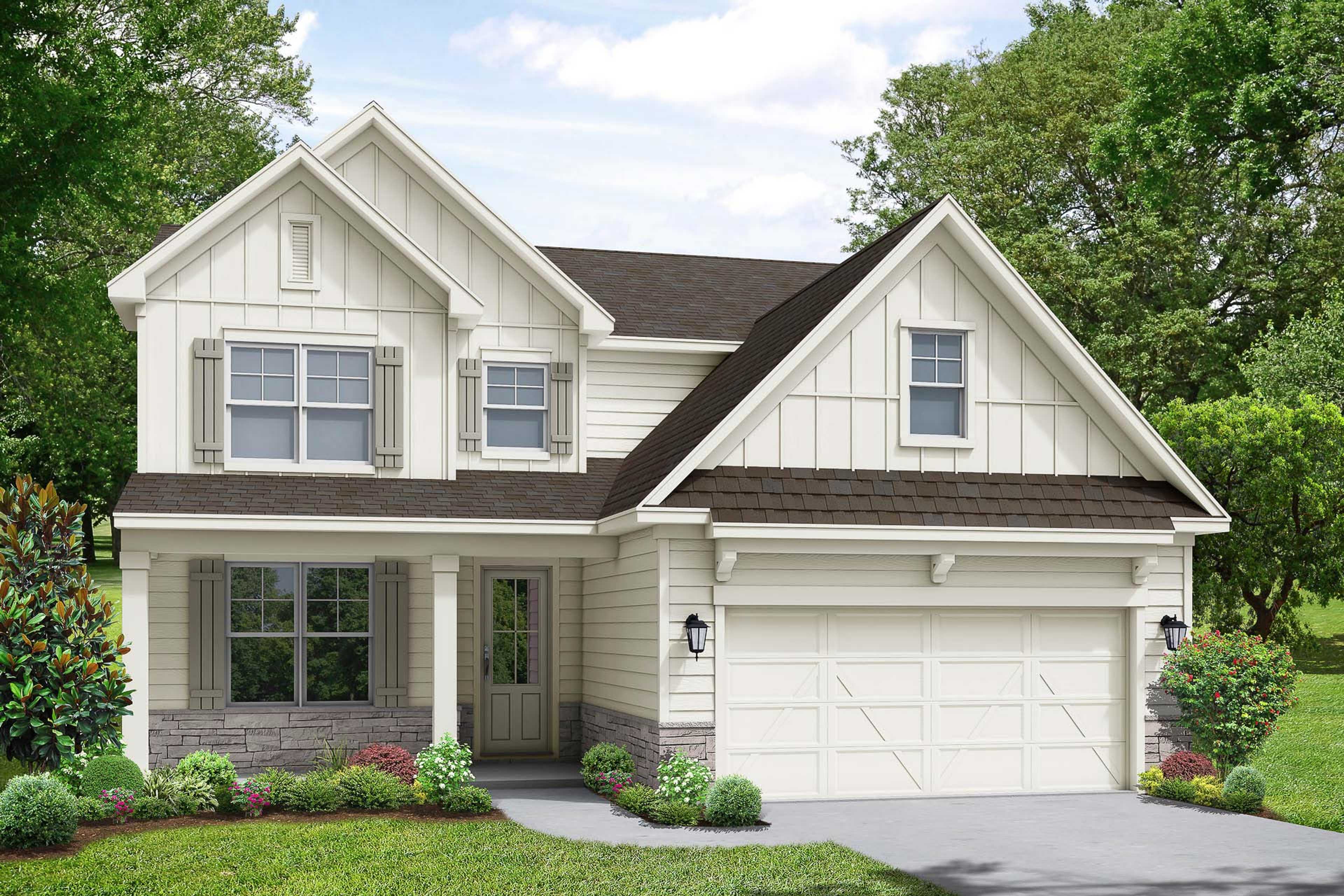 Modern two-story elevation of The Ash B home design with white siding, brown roof, stone base, 2-car garage, and lush landscaping