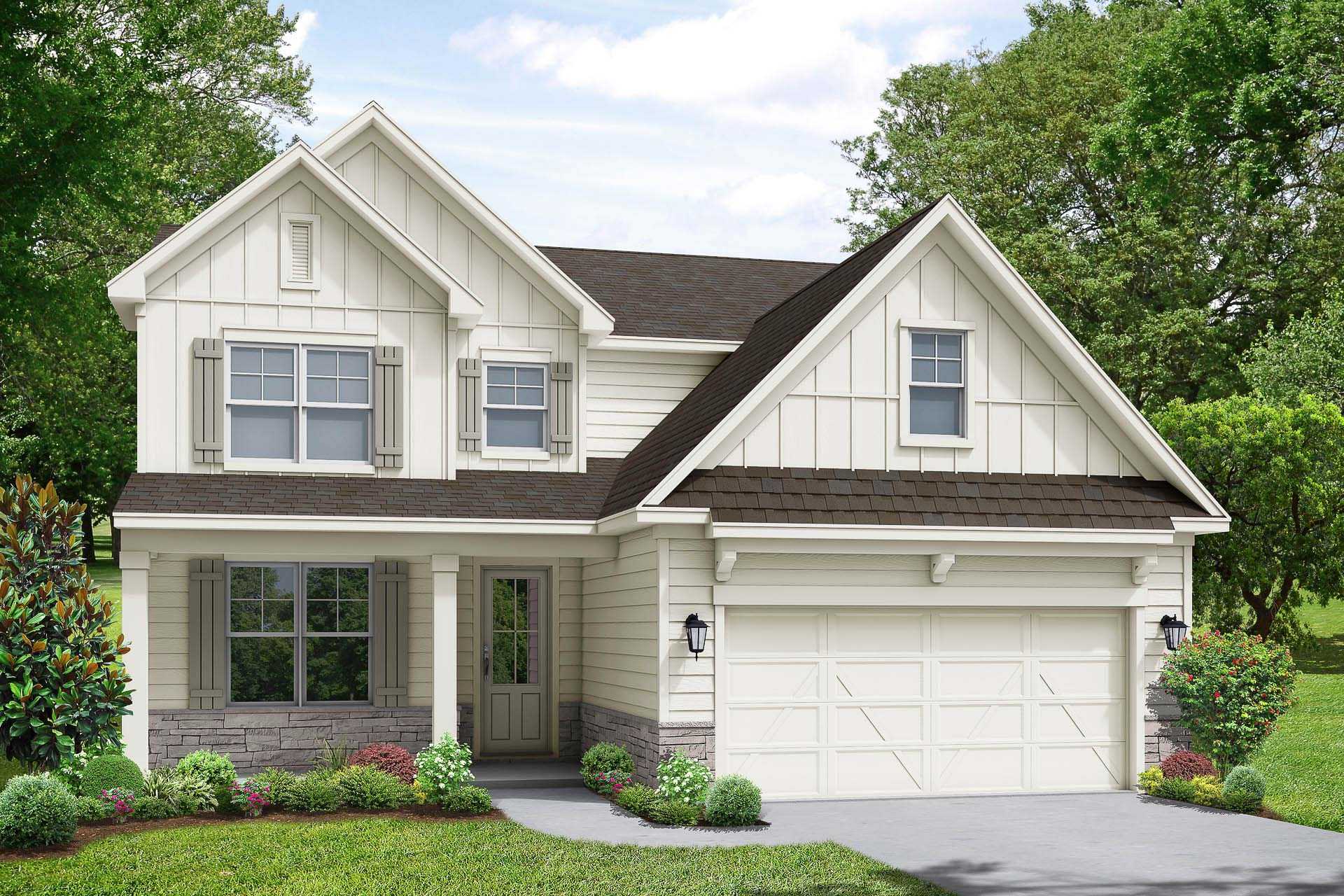 Modern two-story elevation of The Ash B home design with white siding, brown roof, stone base, 2-car garage, and lush landscaping