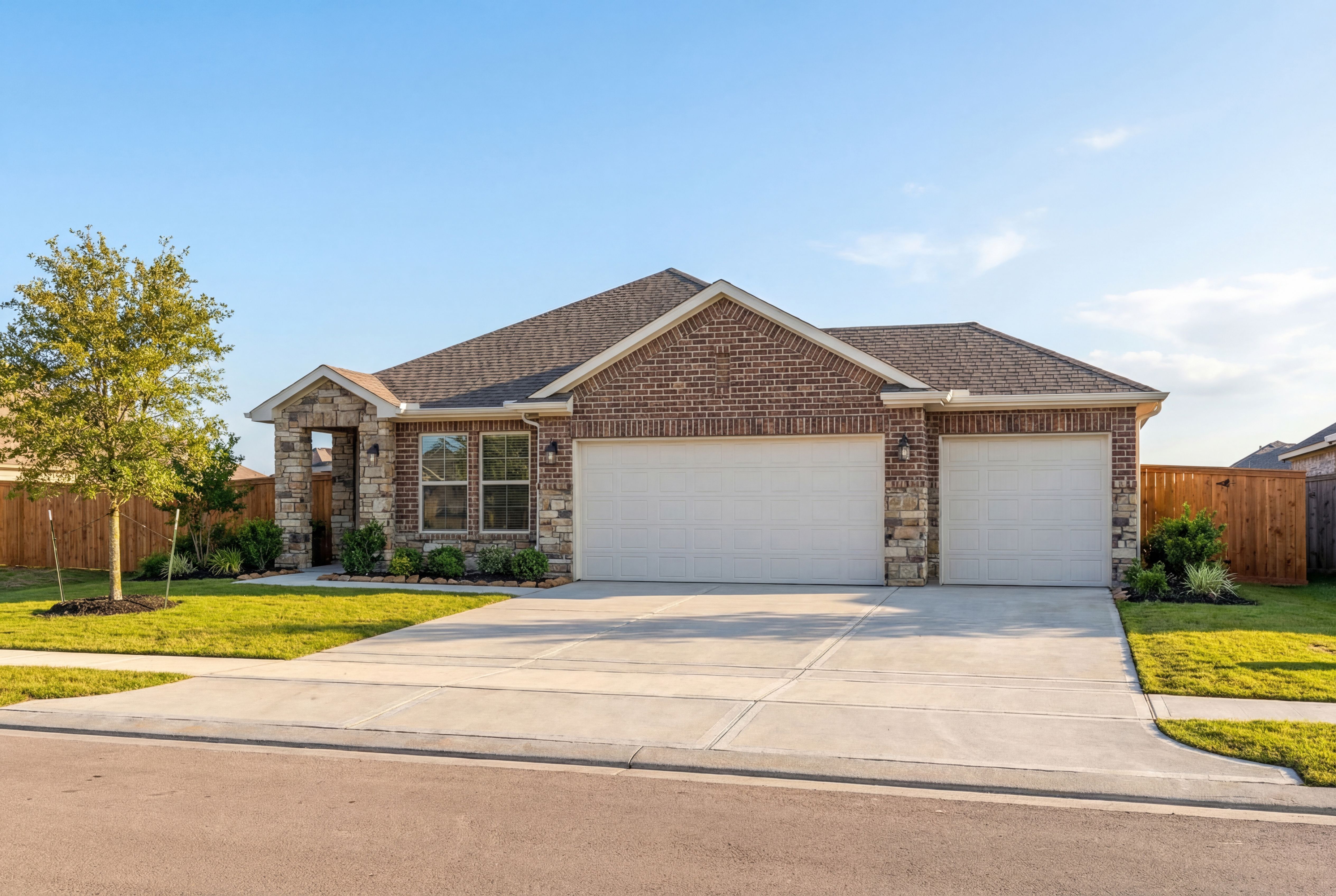 Contemporary brick ranch home elevation of The Riviera B with 3-car garage, shingled roof, and landscaped yard in Rosharon, TX