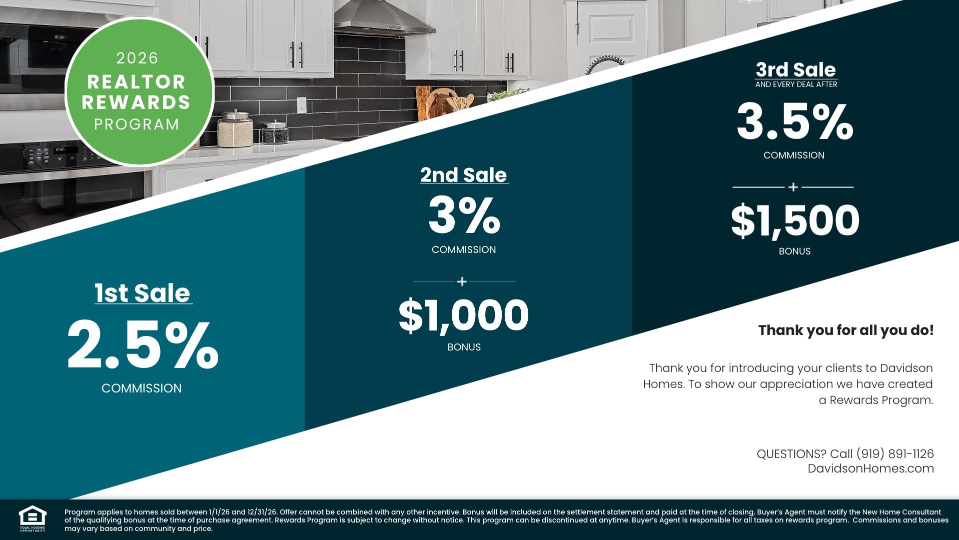 2026 Realtor Rewards Program graphic by Davidson Homes: tiered commissions 2.5-3.5% with $1,000-$1,500 bonuses for referrals