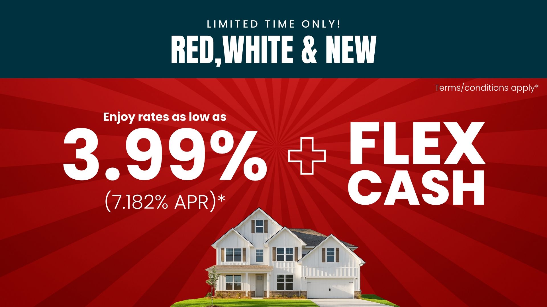 Promotional graphic for Huntsville homebuilder 2-1 interest rate buydown offer with Red, White & New savings event branding.
