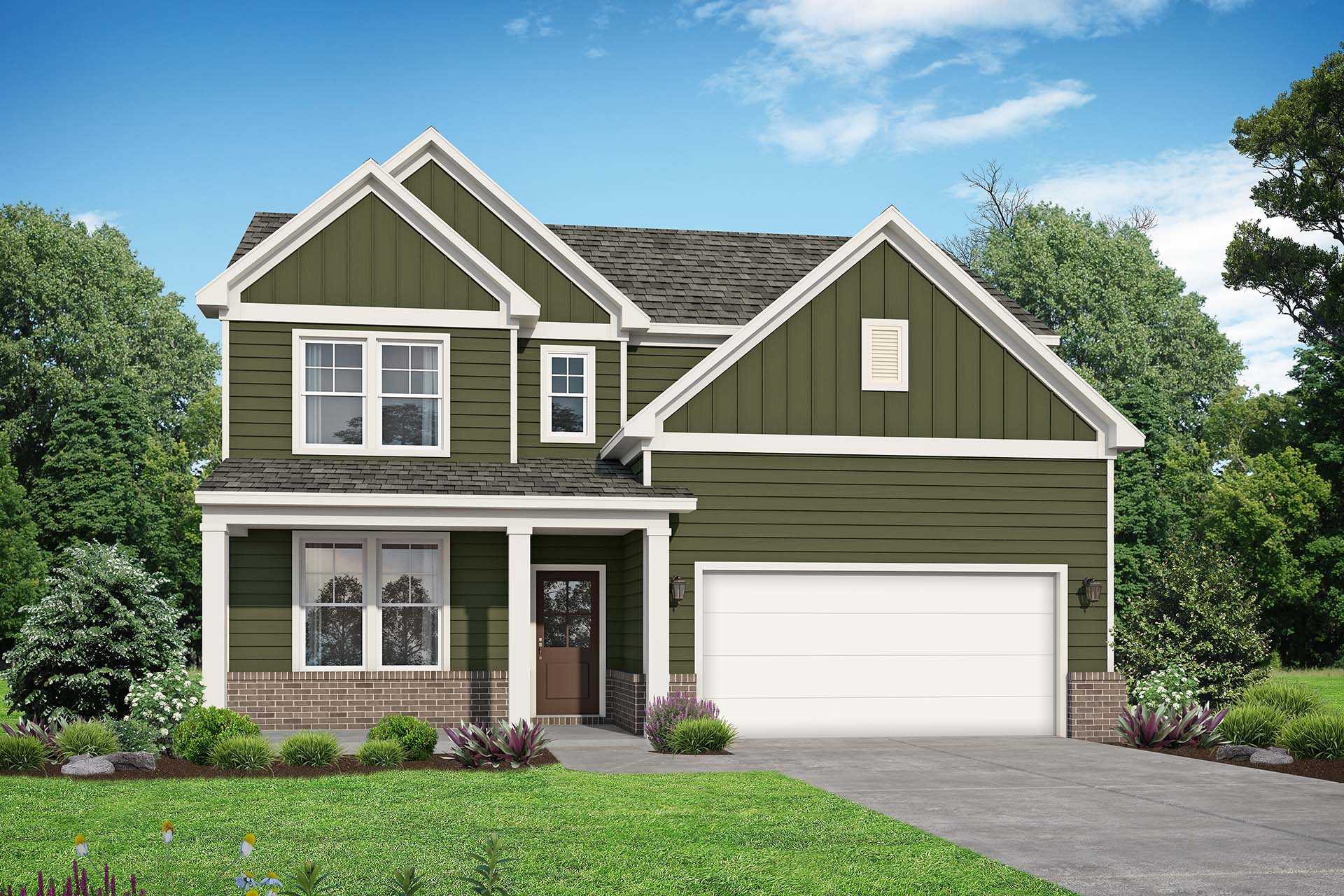 Two-story Henry B home elevation with green siding, brick accents, covered porch, and two-car garage in Mt. Juliet