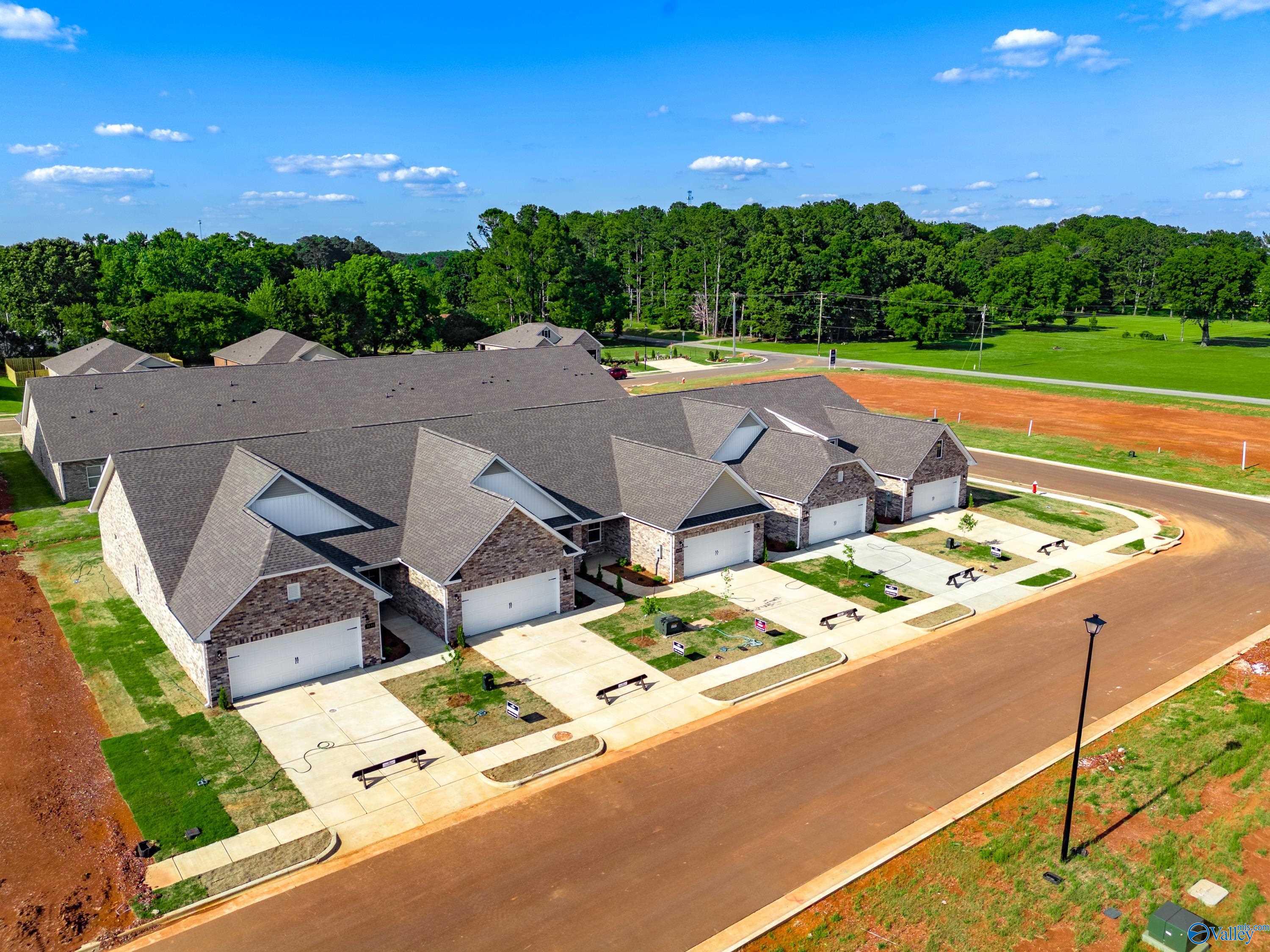 Aerial view of four attached 3-bedroom townhomes with 2-car garages in The Retreat at Hollon Meadow, Decatur, Alabama by Davidson Homes