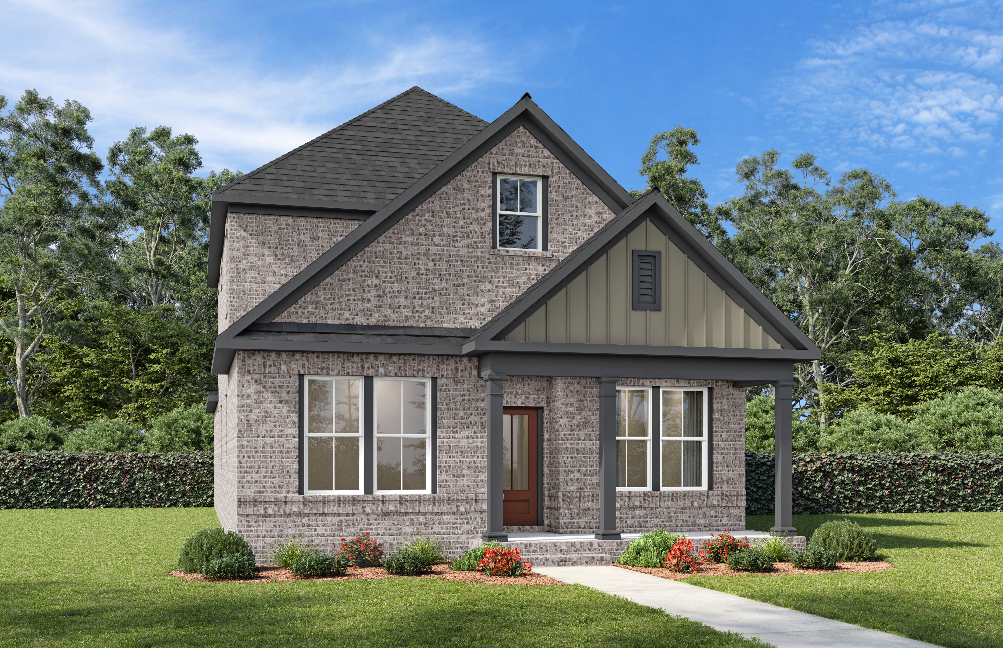 Brick exterior elevation of The Fairmont by Davidson Homes, a 2-story single-family home with covered porch in Mt. Juliet, TN