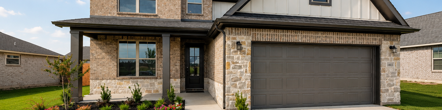 Modern brick and stone farmhouse exterior by Davidson Homes at Meadow Ridge Estates in Josephine, Texas