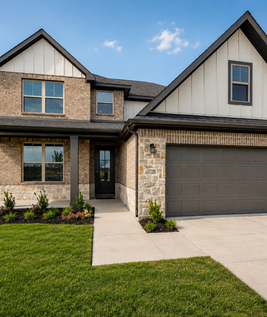 Modern brick and stone farmhouse exterior by Davidson Homes at Meadow Ridge Estates in Josephine, Texas