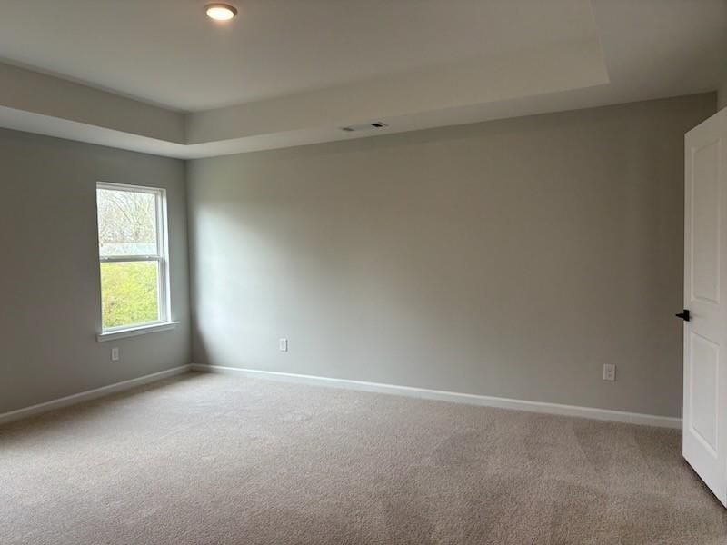 Spacious empty bedroom with tray ceiling, large window overlooking trees, light gray walls, and carpet in The Hickory B, Davidson Homes, Winder, GA