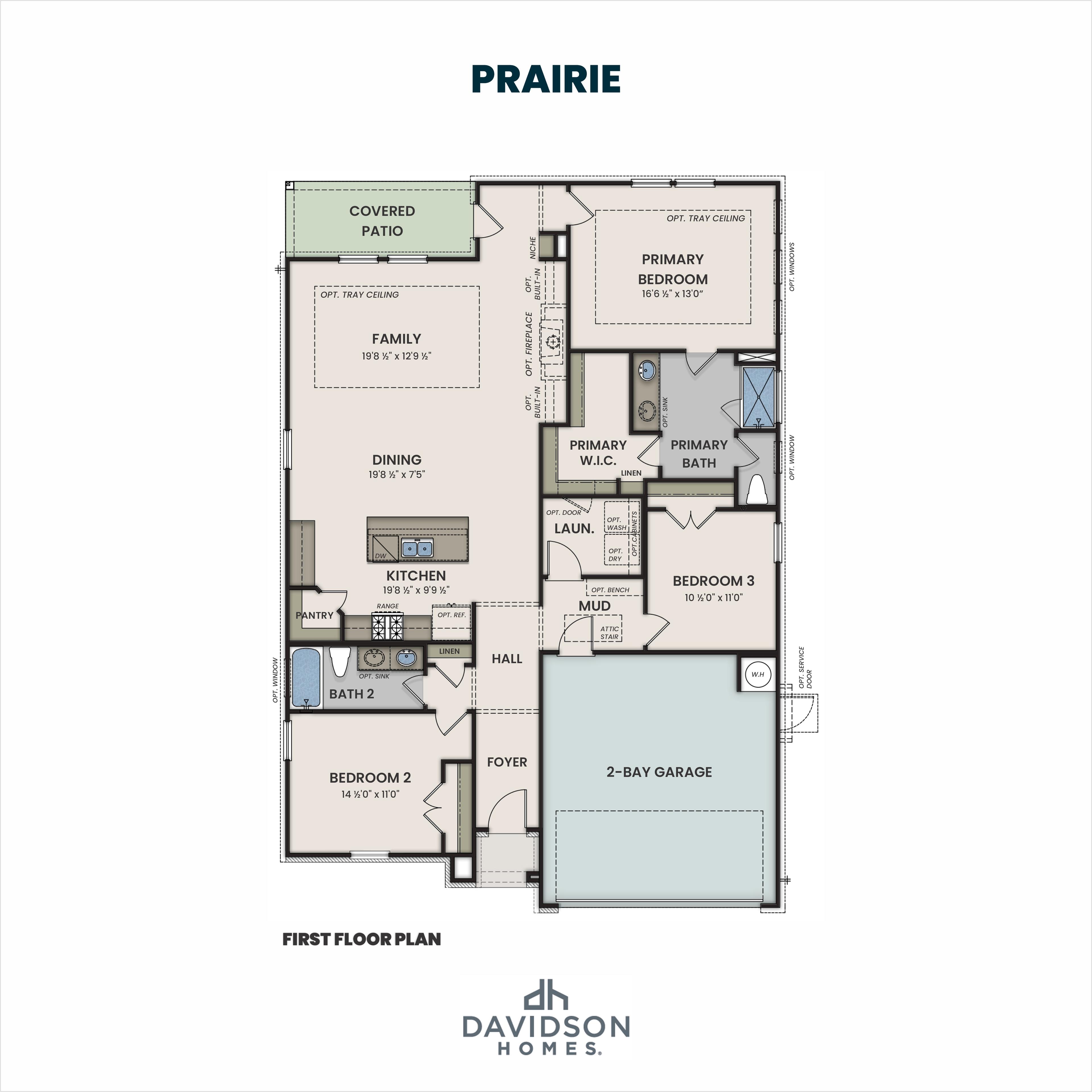 The Prairie 3-bedroom floor plan by Davidson Homes: open kitchen, primary suite, family room, covered patio, and 2-car garage