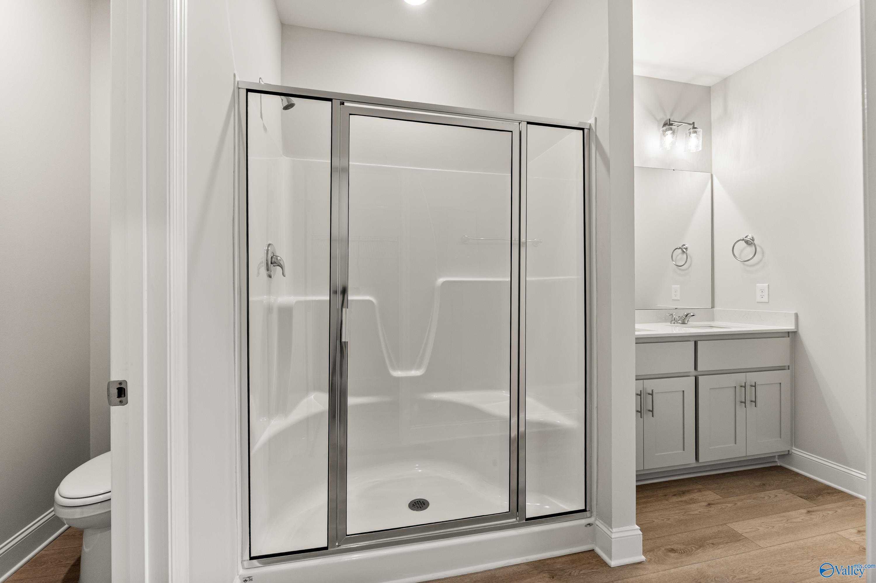 Bright bathroom with frameless glass shower, white vanity sink, and wood floors in Davidson Homes The Daphne C, Athens AL