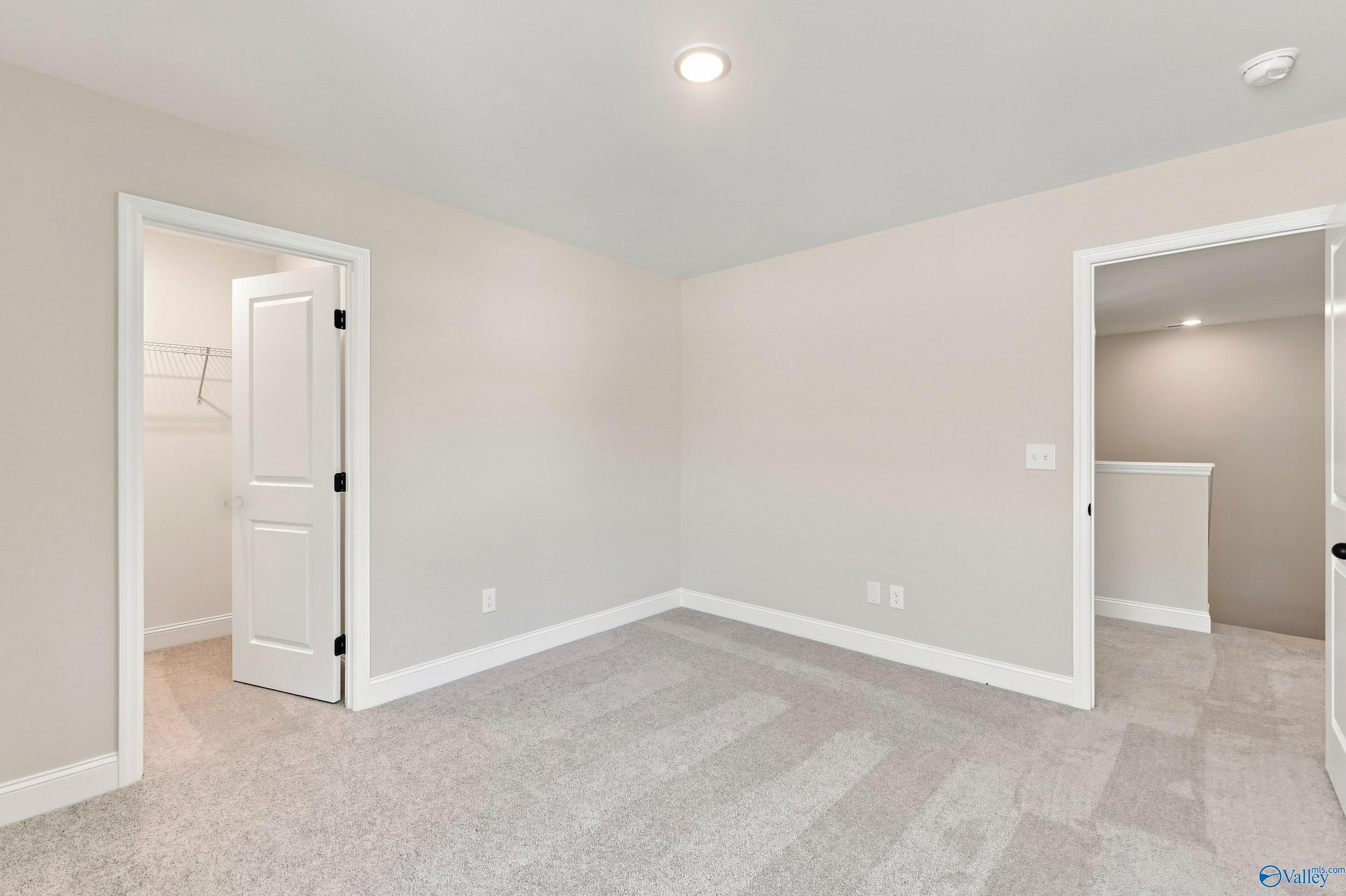 Spacious carpeted bedroom with walk-in closet in Davidson Homes Chelsea B plan, New Market, AL new construction home
