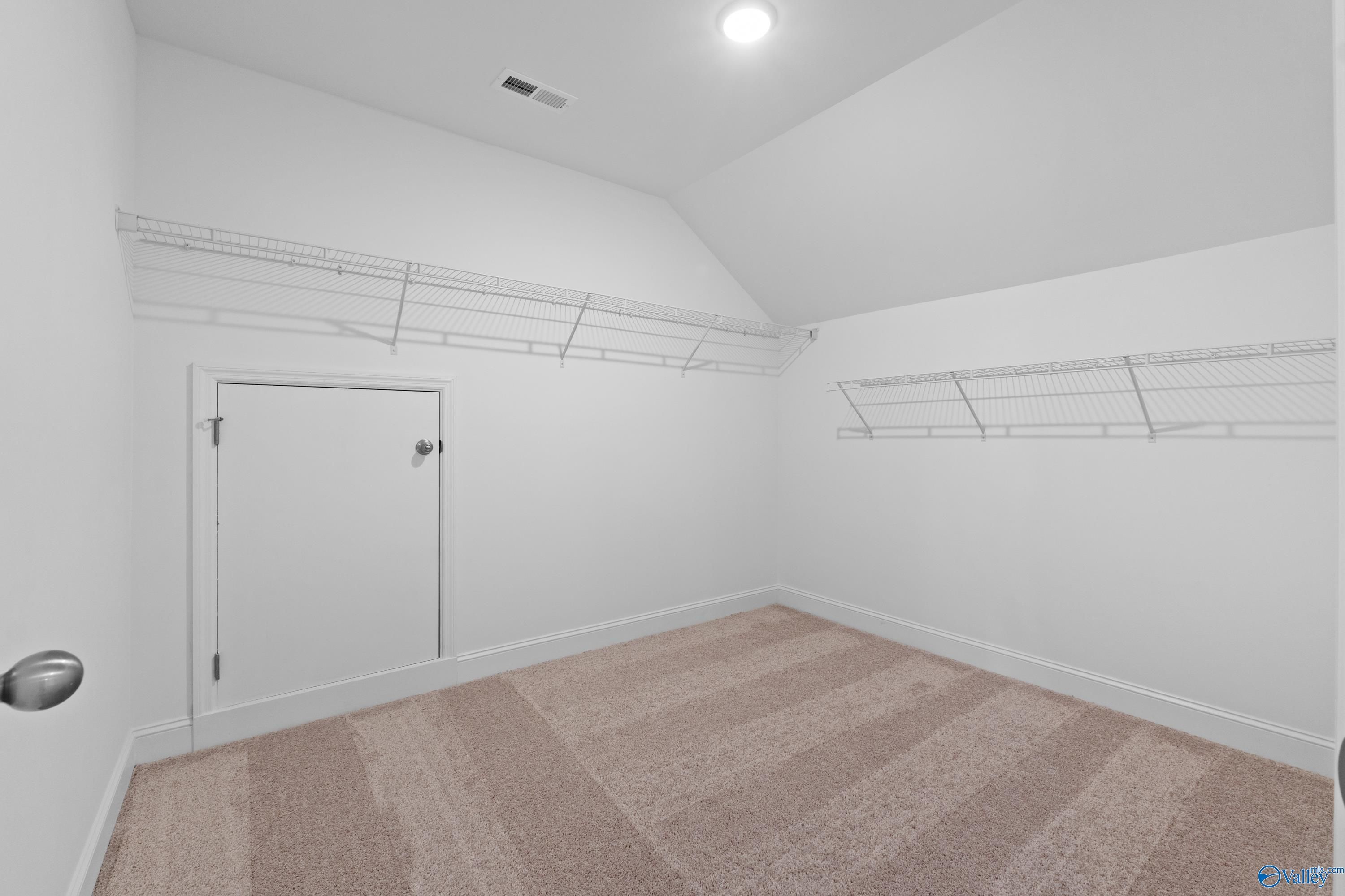 Spacious walk-in closet with wire shelving, beige carpet, and white walls in Davidson Homes The Rockford B with Bonus, Toney, Alabama