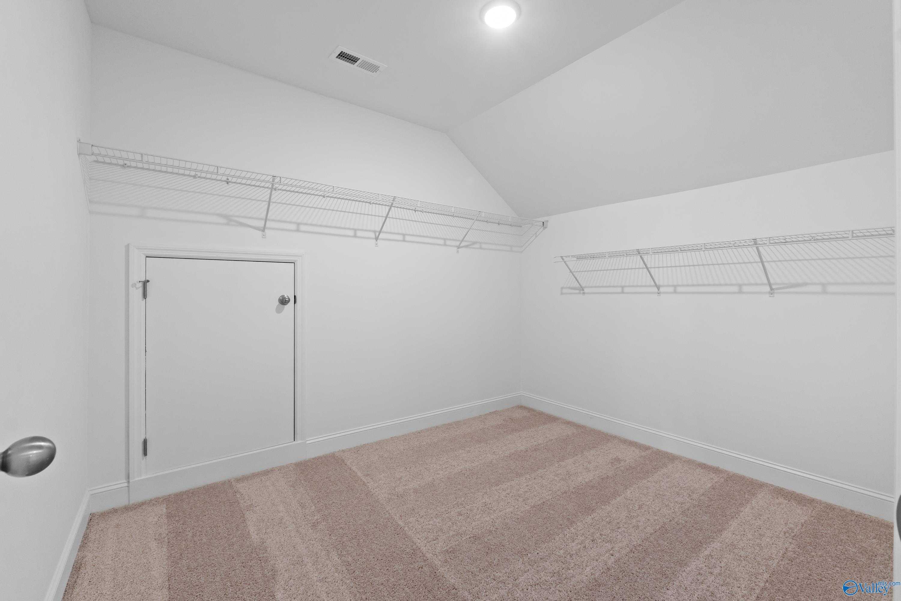 Spacious walk-in closet with wire shelving, beige carpet, and white walls in Davidson Homes The Rockford B with Bonus, Toney, Alabama