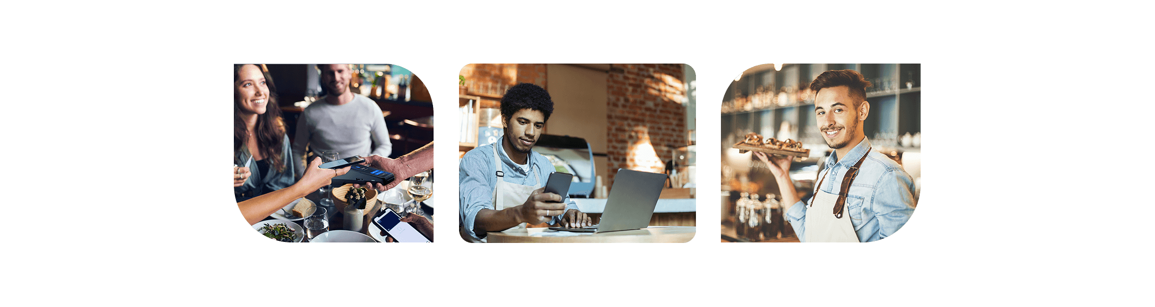 Three images showing a group of customers paying for their meal with a SkyTab Mobile POS device, a restaurant employee using a smartphone and laptop, and a smiling restaurant employee holding a plate of food - table service POS system - SkyTab