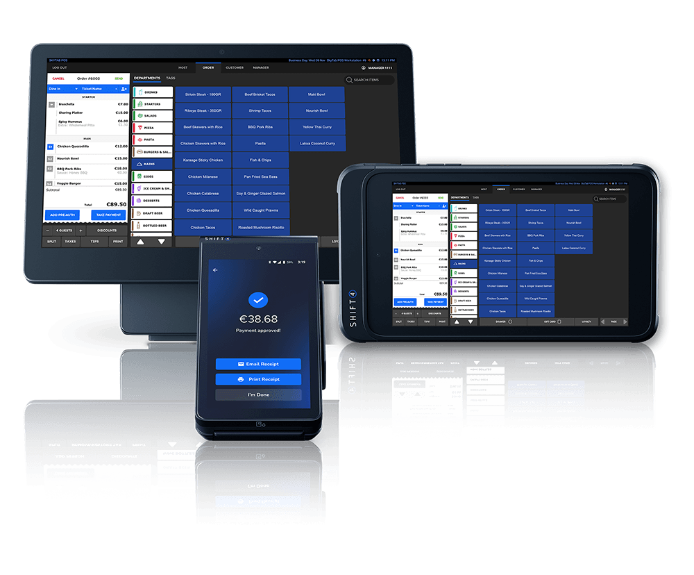 SkyTab Mobile showing the payment approved screen in front of SkyTab Glass and SkyTab POS System showing the order interface - POS features - SkyTab
