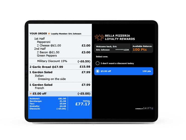 Tablet showing a restaurant order receipt and a loyalty rewards option - loyalty and marketing - SkyTab