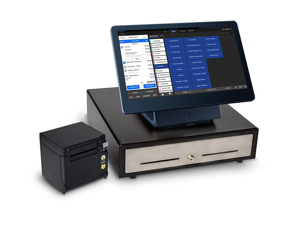 SkyTab POS workstation on top of a cash drawer | SkyTab Installation Guide