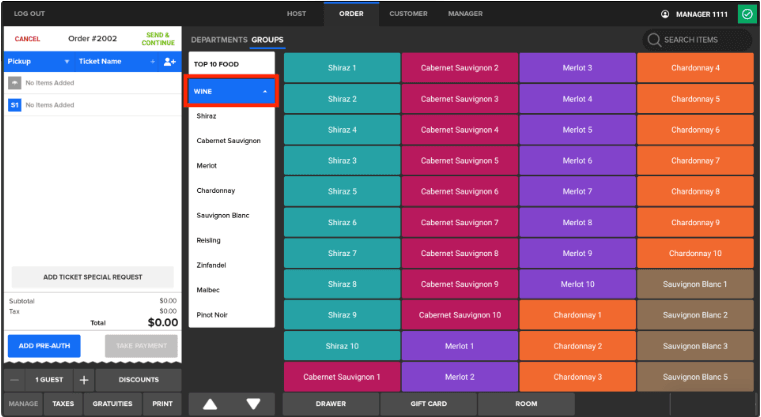 Screenshot of Menu Display Groups and Subgroups on a SkyTab POS system