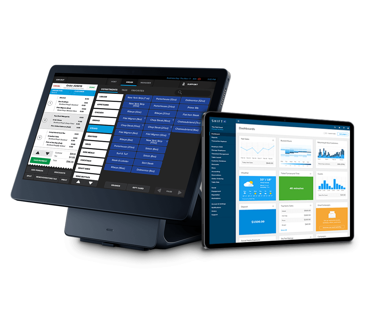 SkyTab POS system next to a tablet showing Lighthouse - bar POS system - SkyTab
