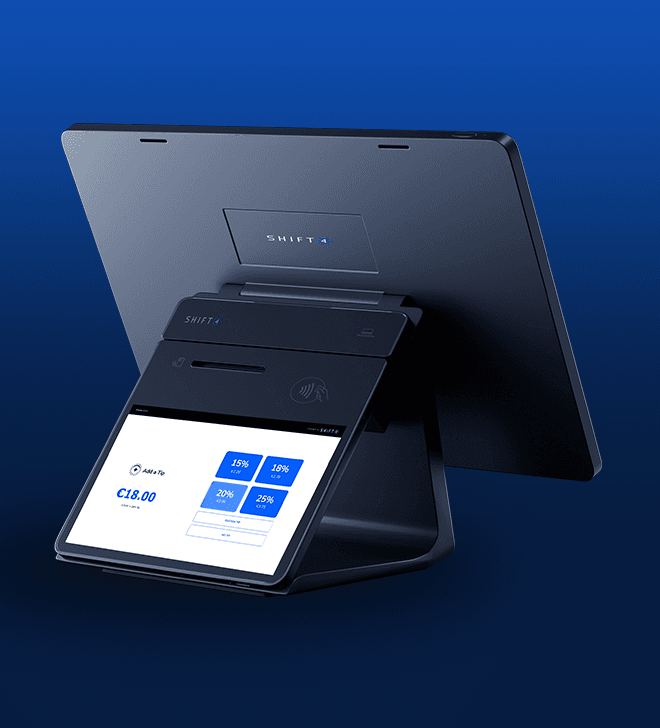 Back of SkyTab workstation showing a customer display screen with tip prompts - SkyTab