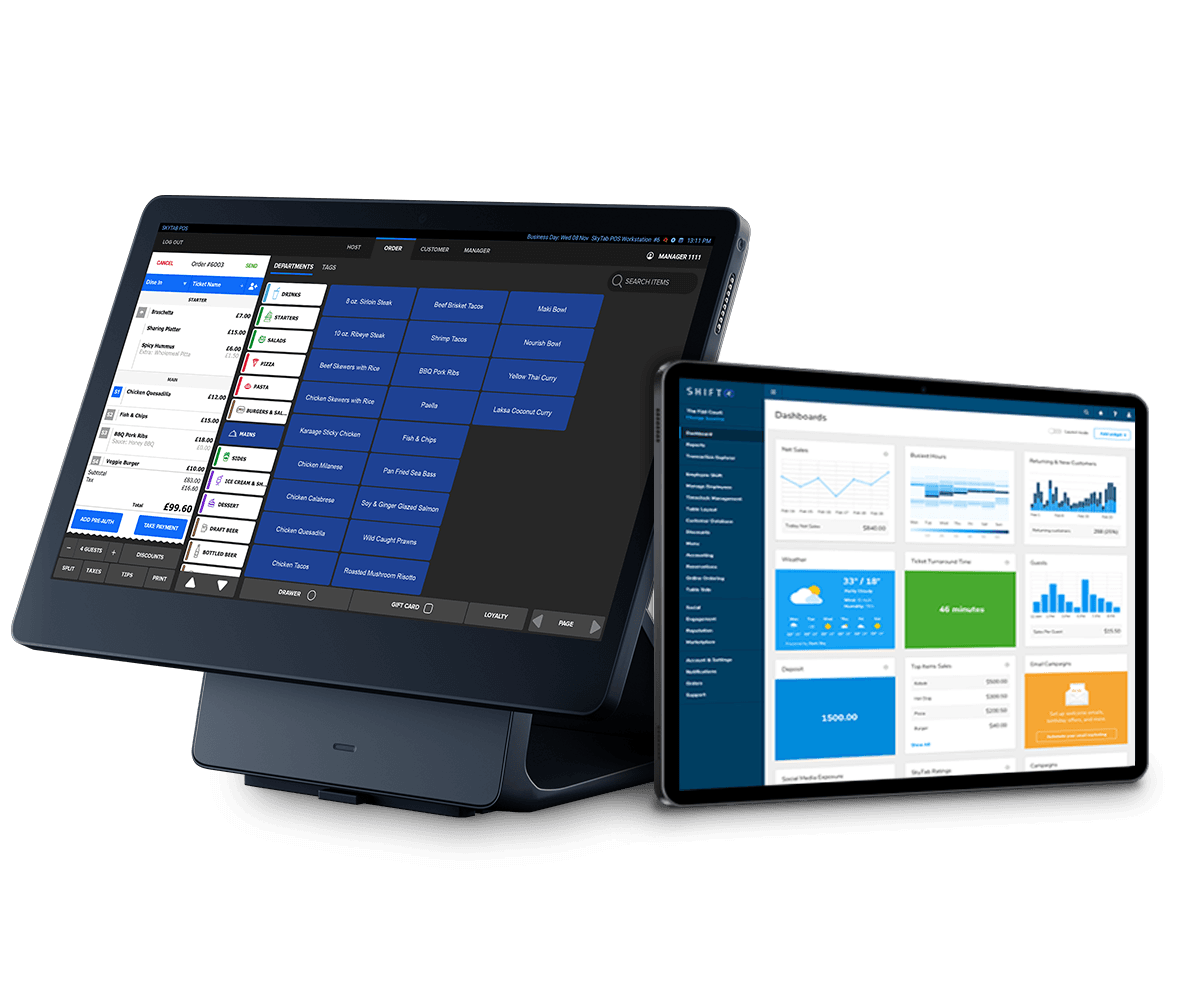 SkyTab POS system showing the order interface screen and a tablet showing the Lighthouse dashboard - restaurant POS system - SkyTab
