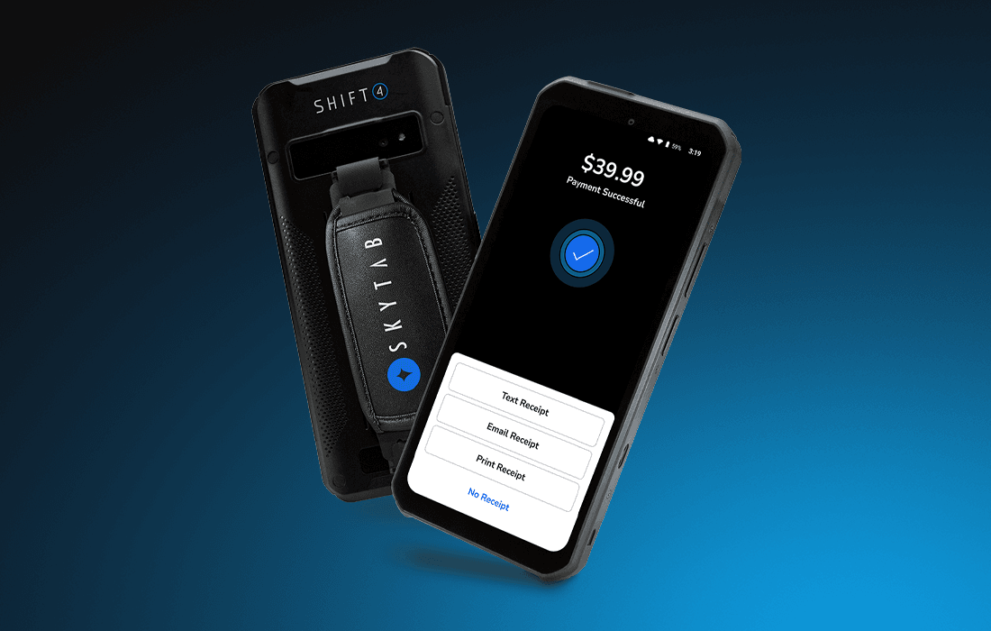 Two SkyTab Air handheld POS devices on a blue background showing the payment successful screen and the back of the device - POS hardware - SkyTab