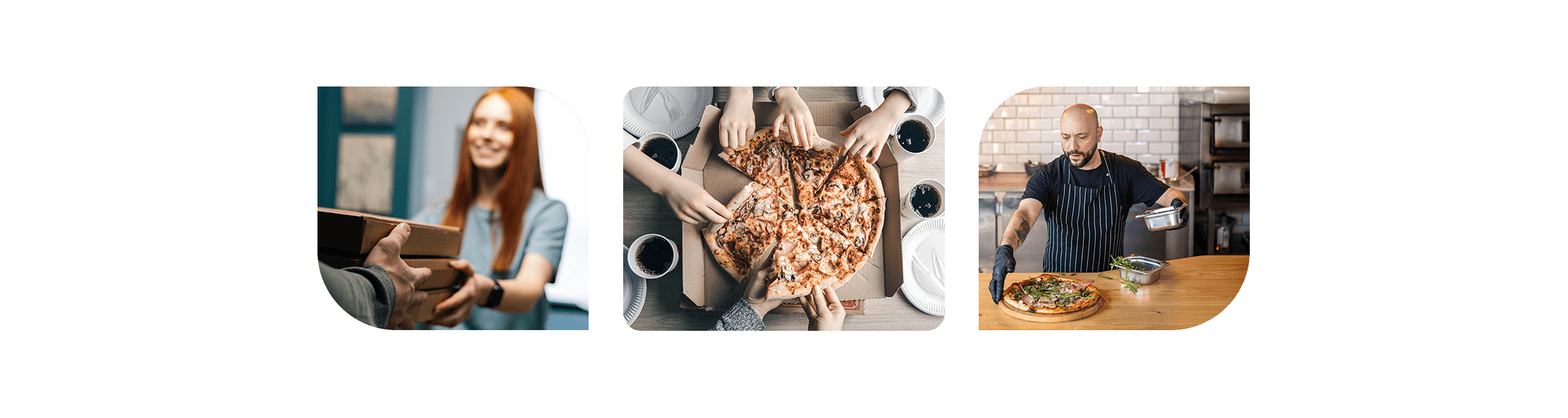 Three small images showing restaurant woman accepting a food delivery and an overhead view of hand reaching for a slice of pizza and a chef adding cheese to a pizza - quick service POS system - SkyTab