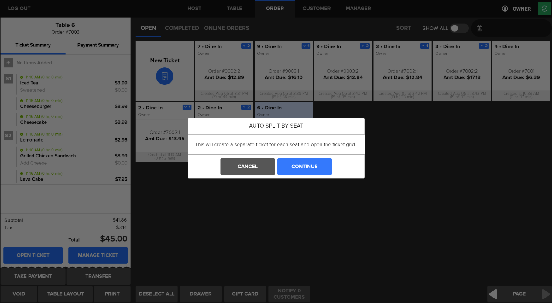 Screenshot of the auto split by seat feature - SkyTab Fall Release 2025 - SkyTab