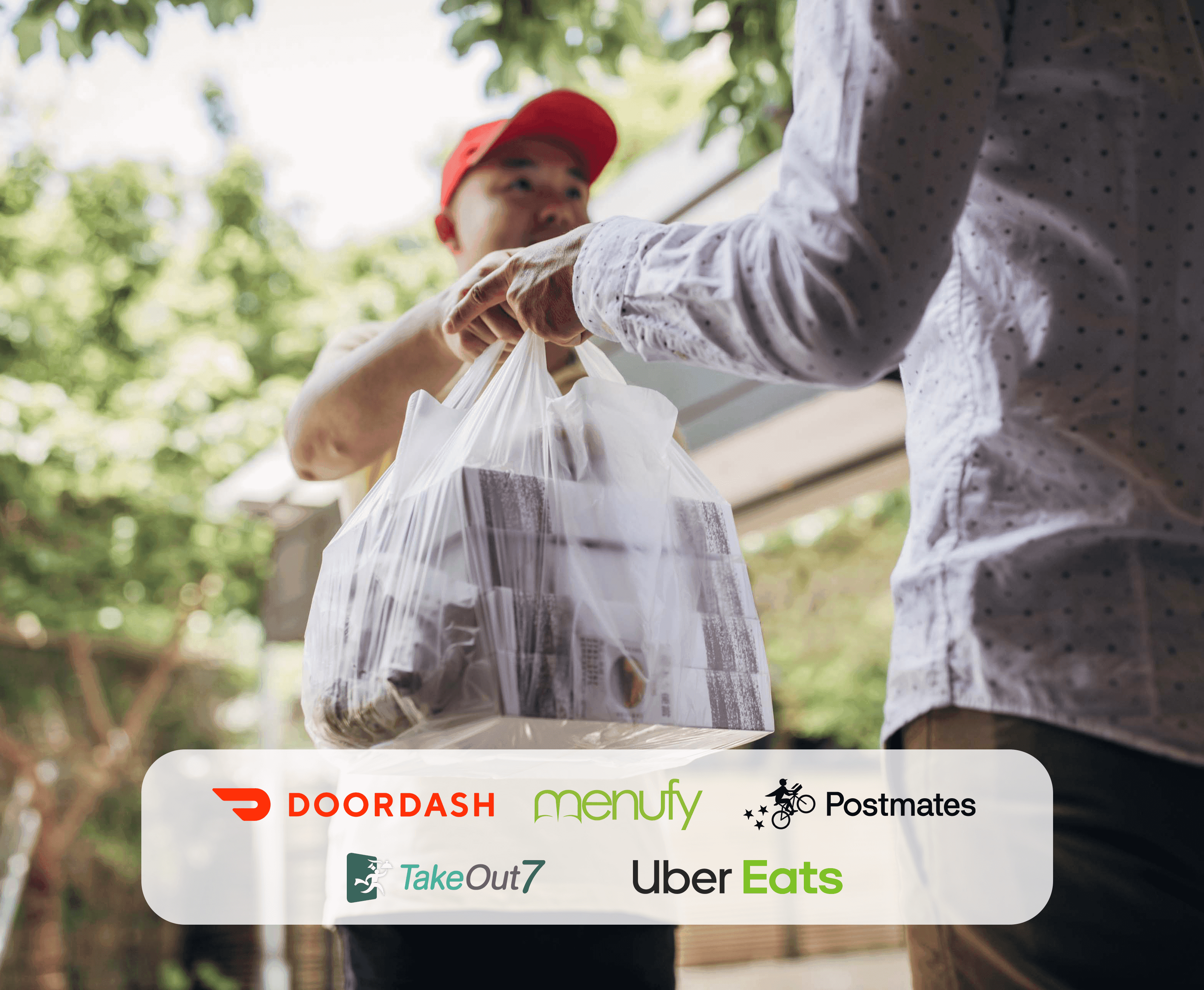 DoorDash, Menufy, Postmates, TakeOut7, and Uber Eats logos overlayed on a photo of food being delivered - restaurant online ordering system - SkyTab