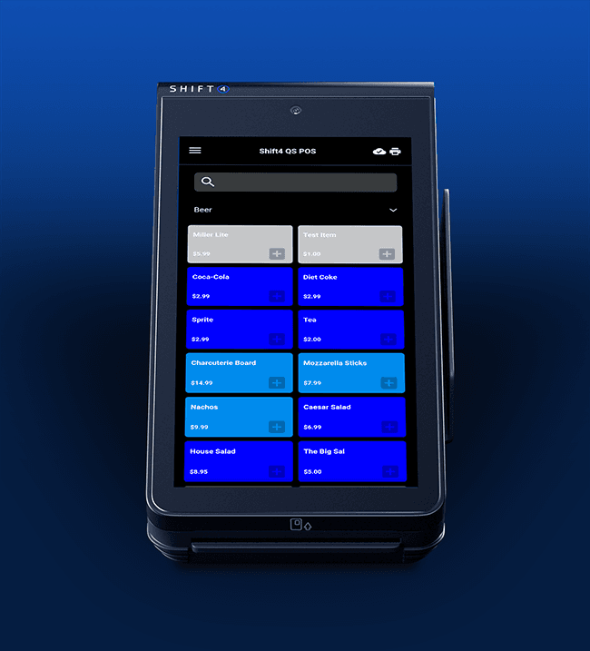 SkyTab mobile POS device on a blue background showing the POS menu interface - venue POS system - SkyTab