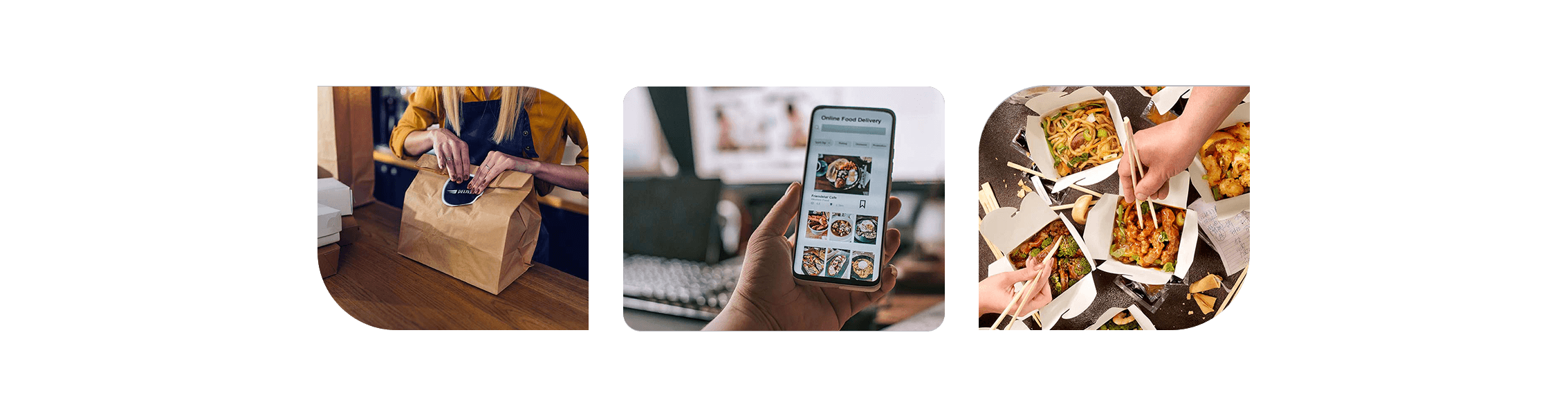 Three images showing a takeout bag, person using a food delivery app, and people eating takeout - restaurant online ordering system - SkyTab