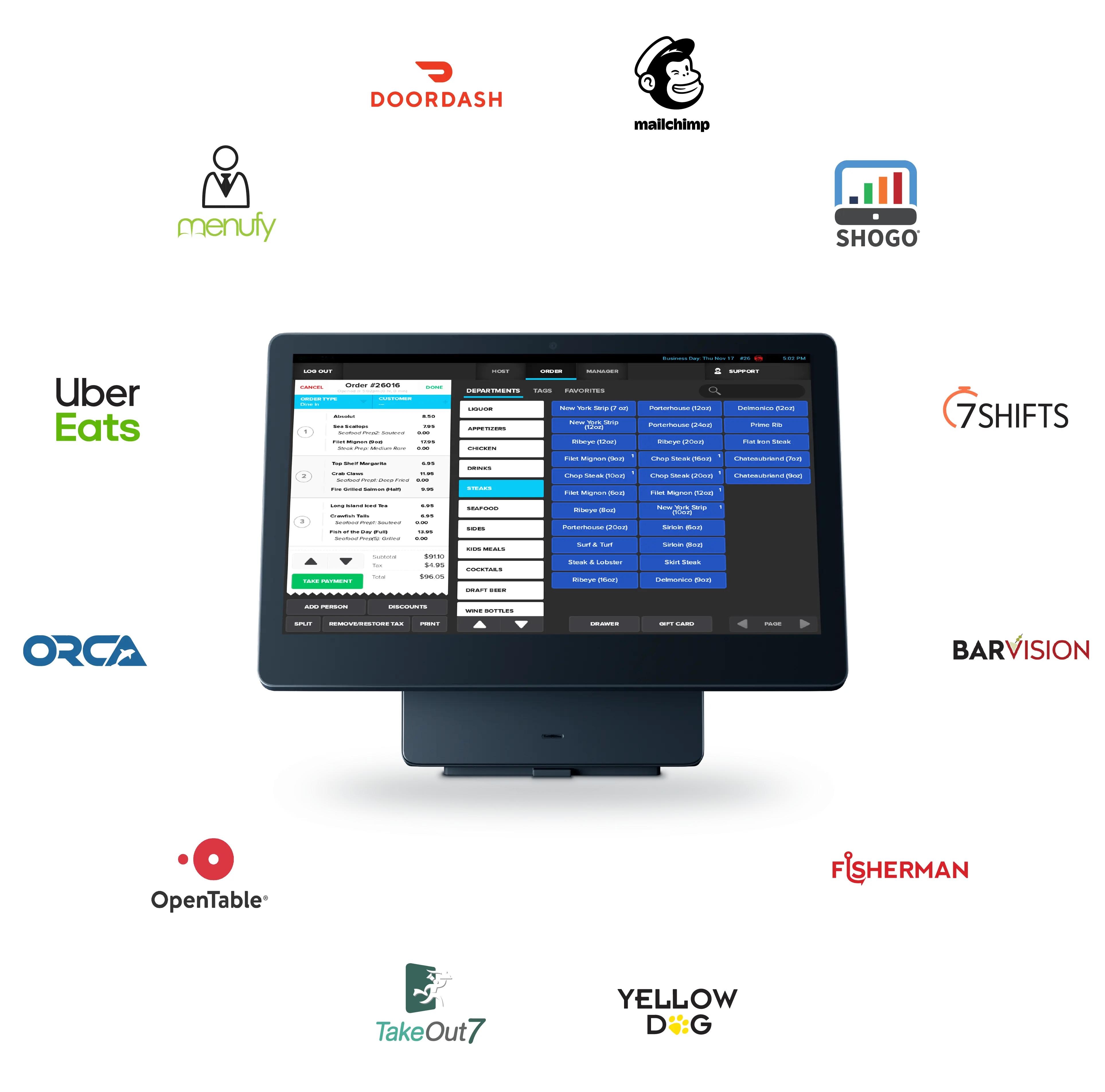 SkyTab POS system surrounded by various POS integration logos - third-party POS integrations - SkyTab