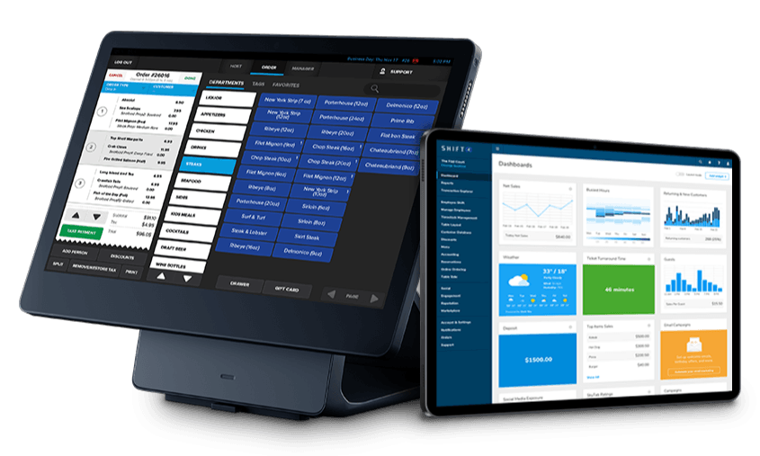 SkyTab POS system next to a tablet showing Lighthouse - restaurant POS system - SkyTab