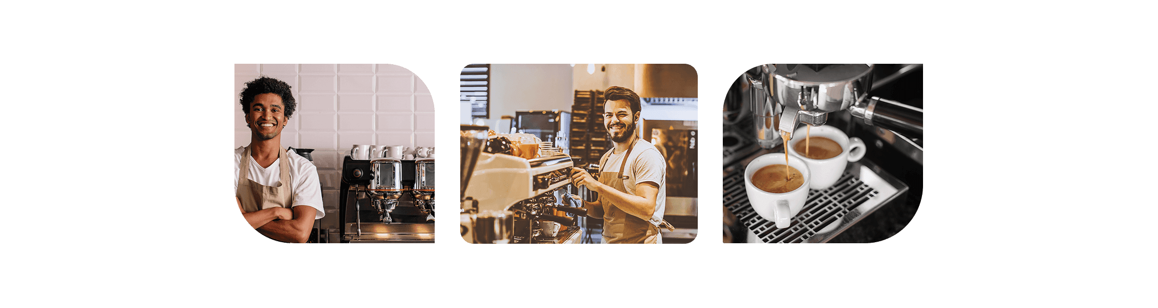 Three small horizontal images showing cafe employee standing next to an espresso machine and a barista working the espresso machine and two espressos cups almost filled - coffee shop POS system - SkyTab