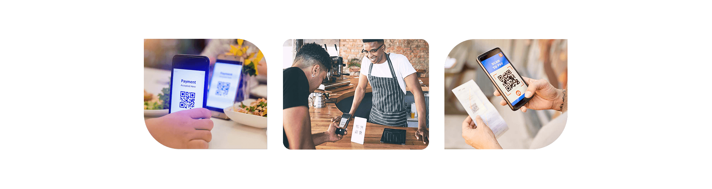 Three images showing customers scanning QR codes with their smartphones - QR code ordering and payments - SkyTab