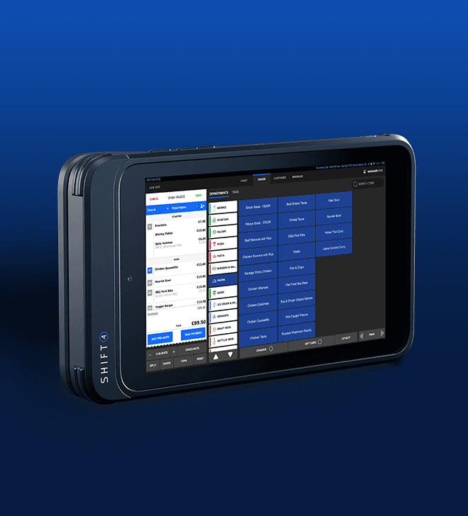 A SkyTab Glass mobile POS device on a blue background - mobile POS system - SkyTab