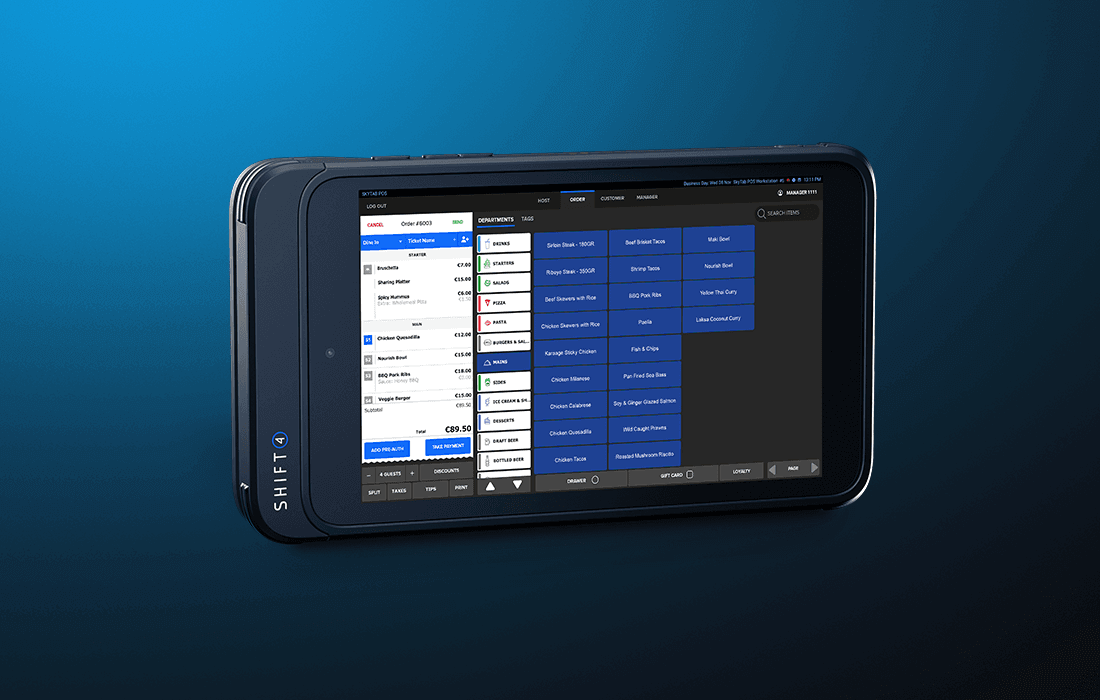 A SkyTab Glass mobile POS device on a blue background - POS hardware - SkyTab
